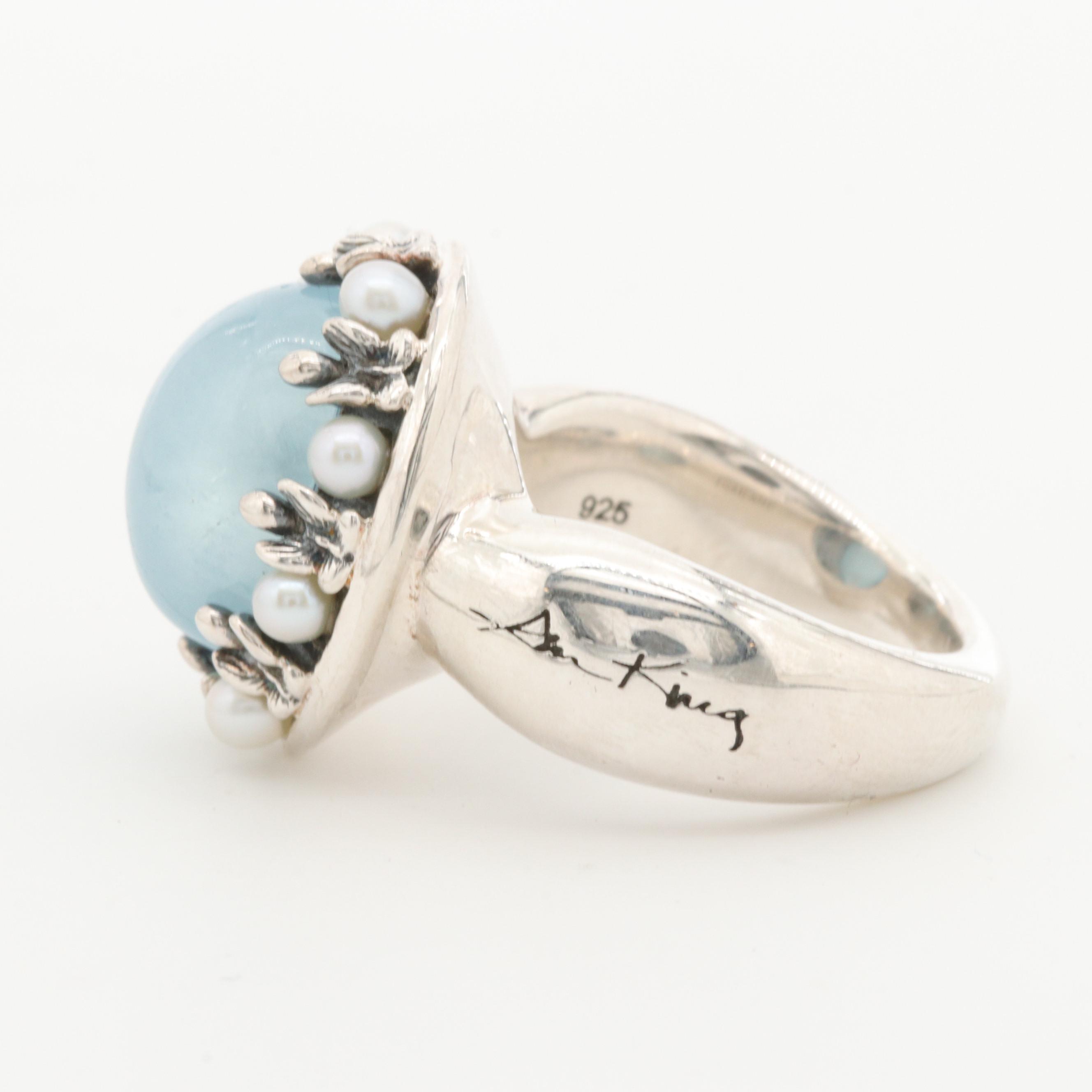 Ann King Sterling Silver Aquamarine and Cultured Pearl Ring