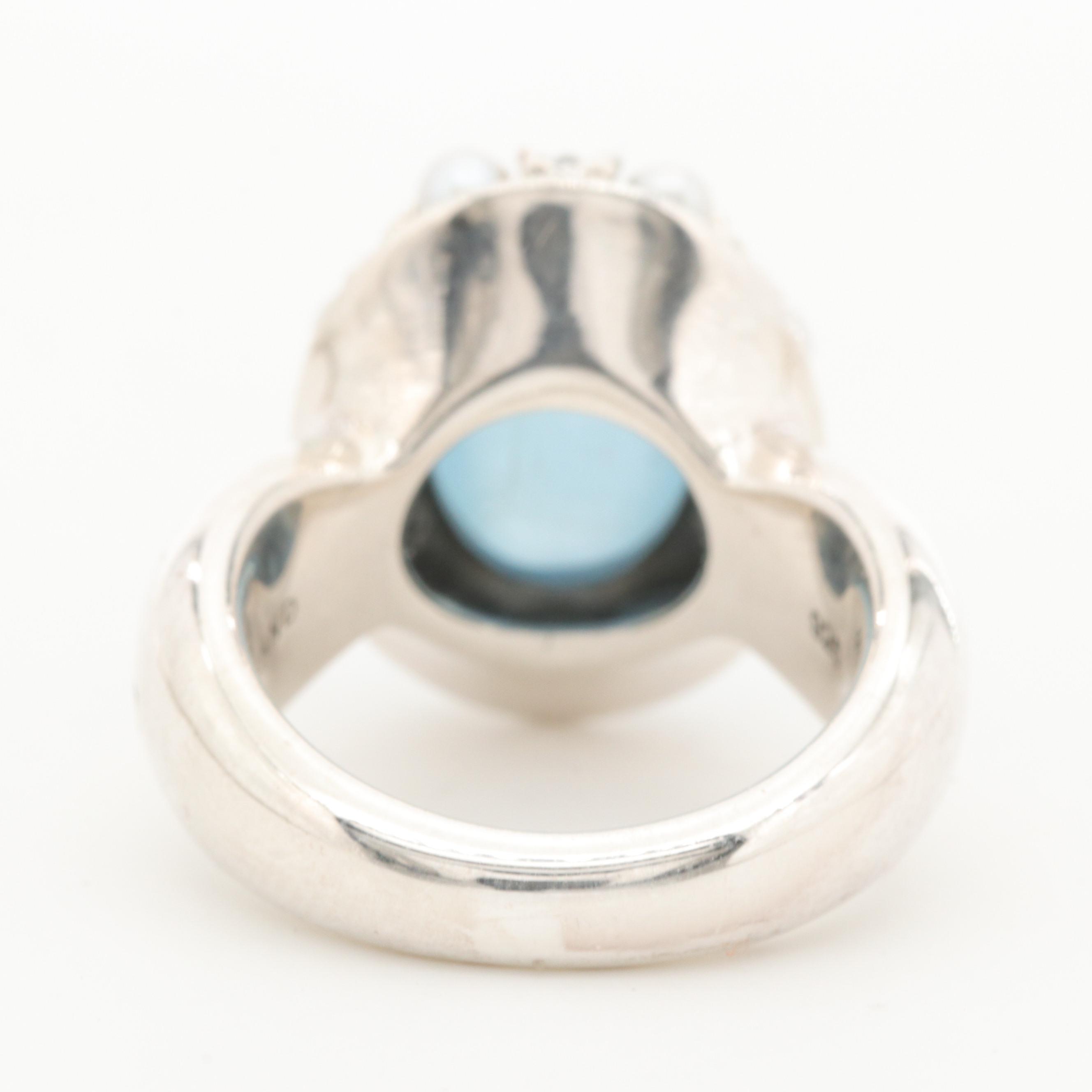 Ann King Sterling Silver Aquamarine and Cultured Pearl Ring