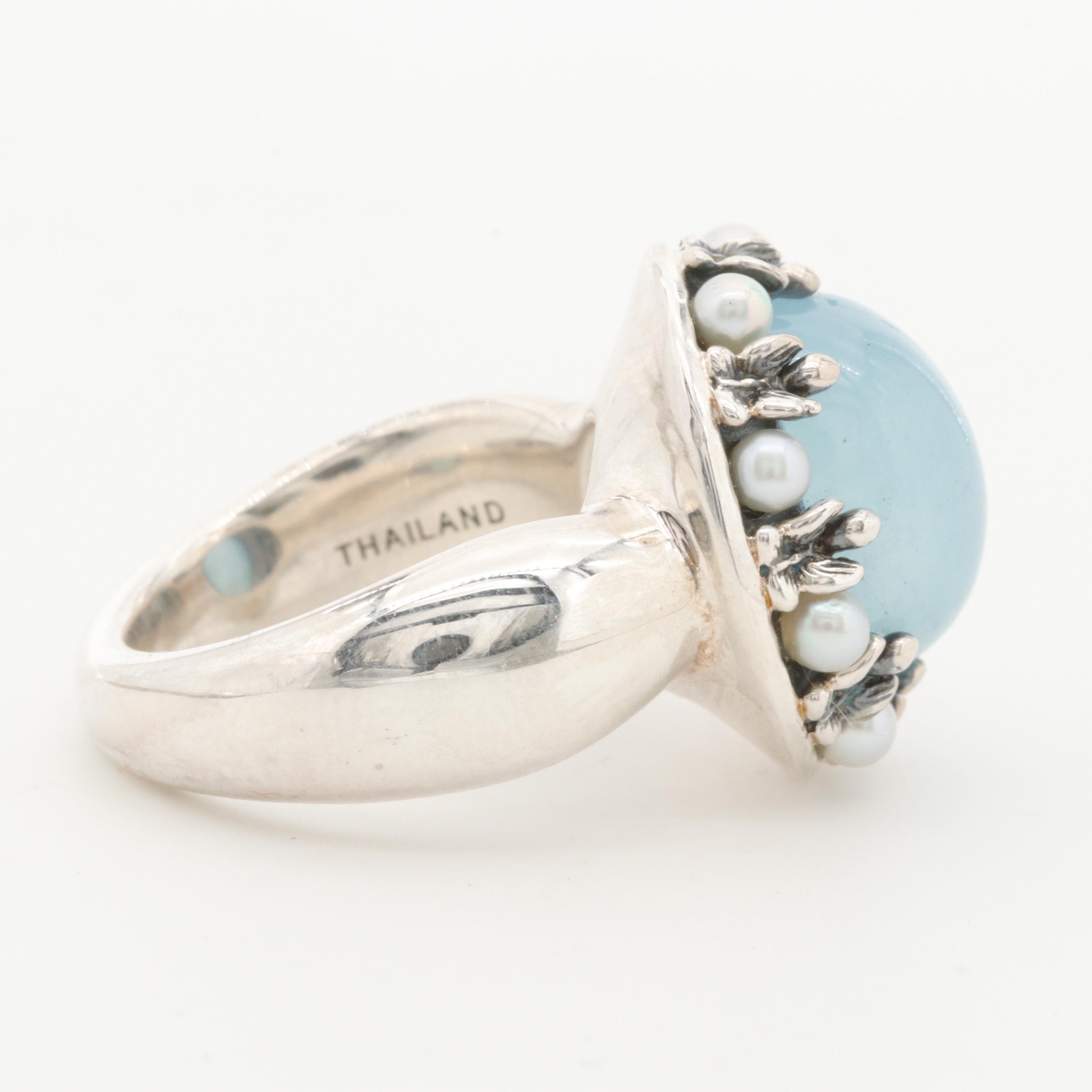Ann King Sterling Silver Aquamarine and Cultured Pearl Ring