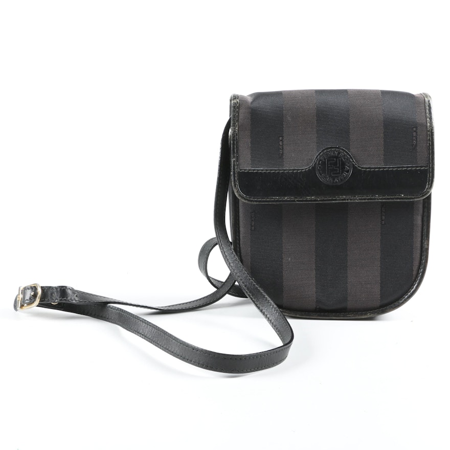 Fendi Crossbody in Zucca Stripe Coated Canvas with Black Leather,  Vintage