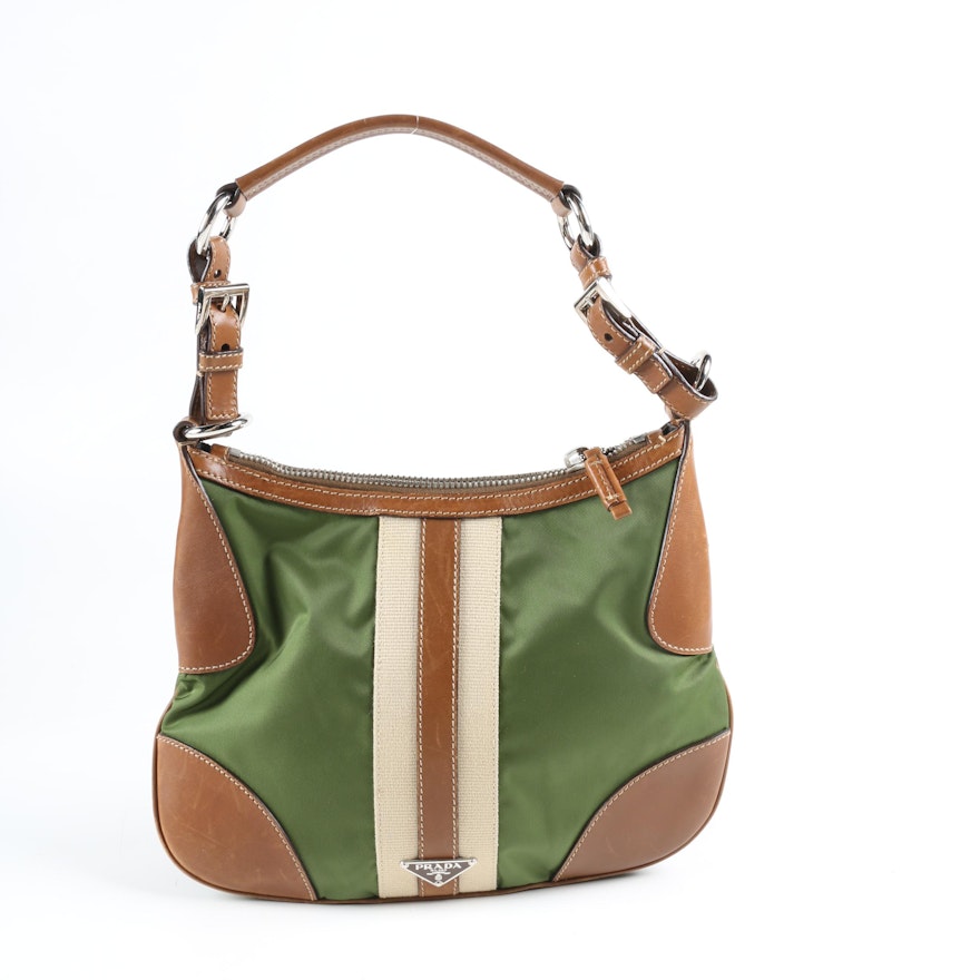 Prada Stripe Hobo Bag in Army Green Nylon with Sughero Stripe and Tan Leather