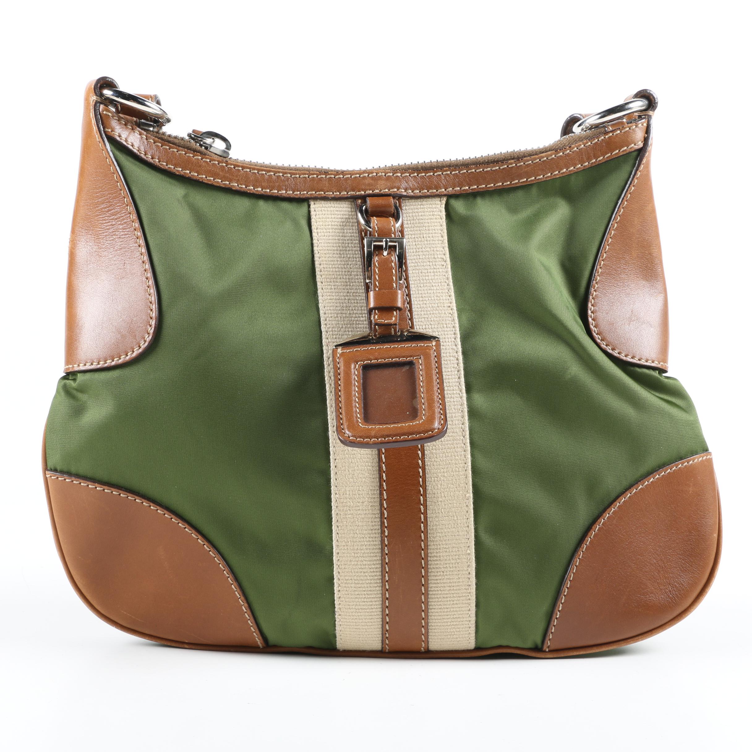 Prada Stripe Hobo Bag in Army Green Nylon with Sughero Stripe and Tan Leather