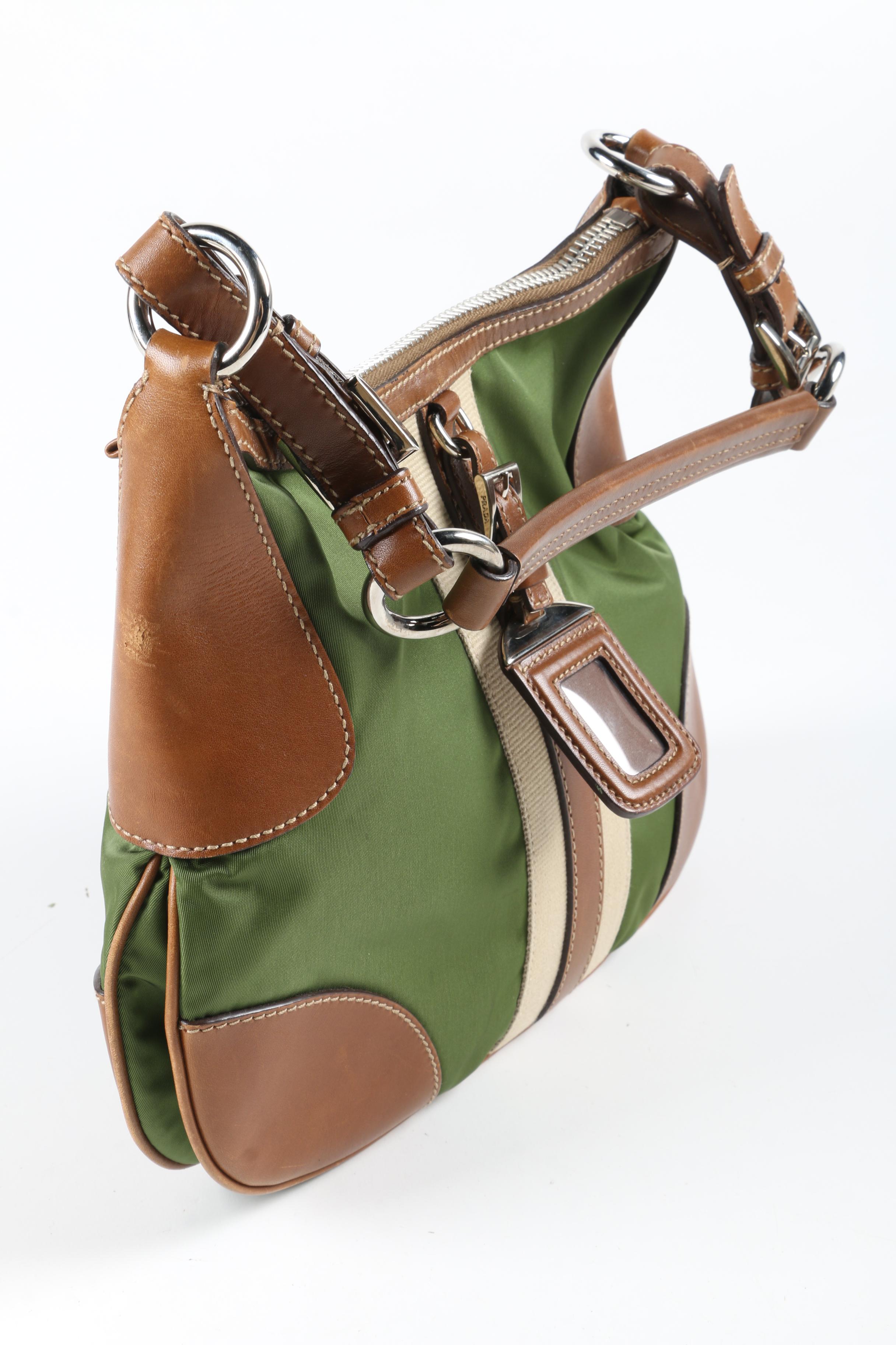 Prada Stripe Hobo Bag in Army Green Nylon with Sughero Stripe and Tan Leather