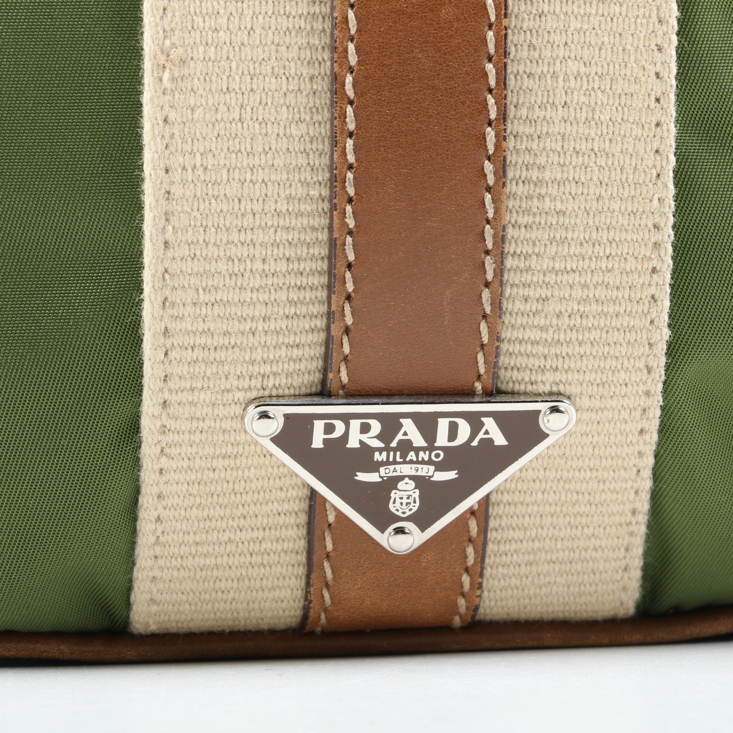 Prada Stripe Hobo Bag in Army Green Nylon with Sughero Stripe and Tan Leather