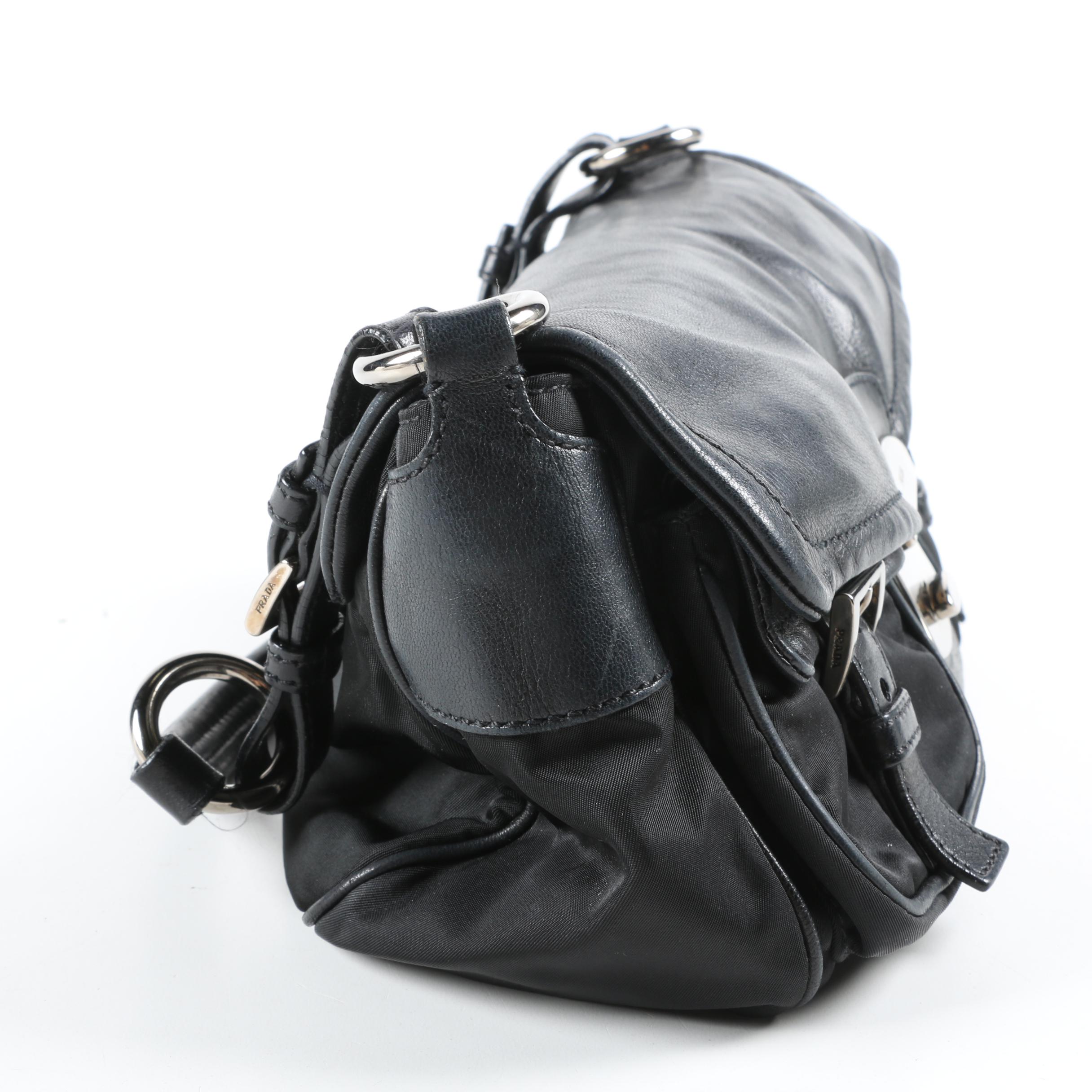 Prada Black Nylon Tessuto and Leather Double Pocket Demi Bag