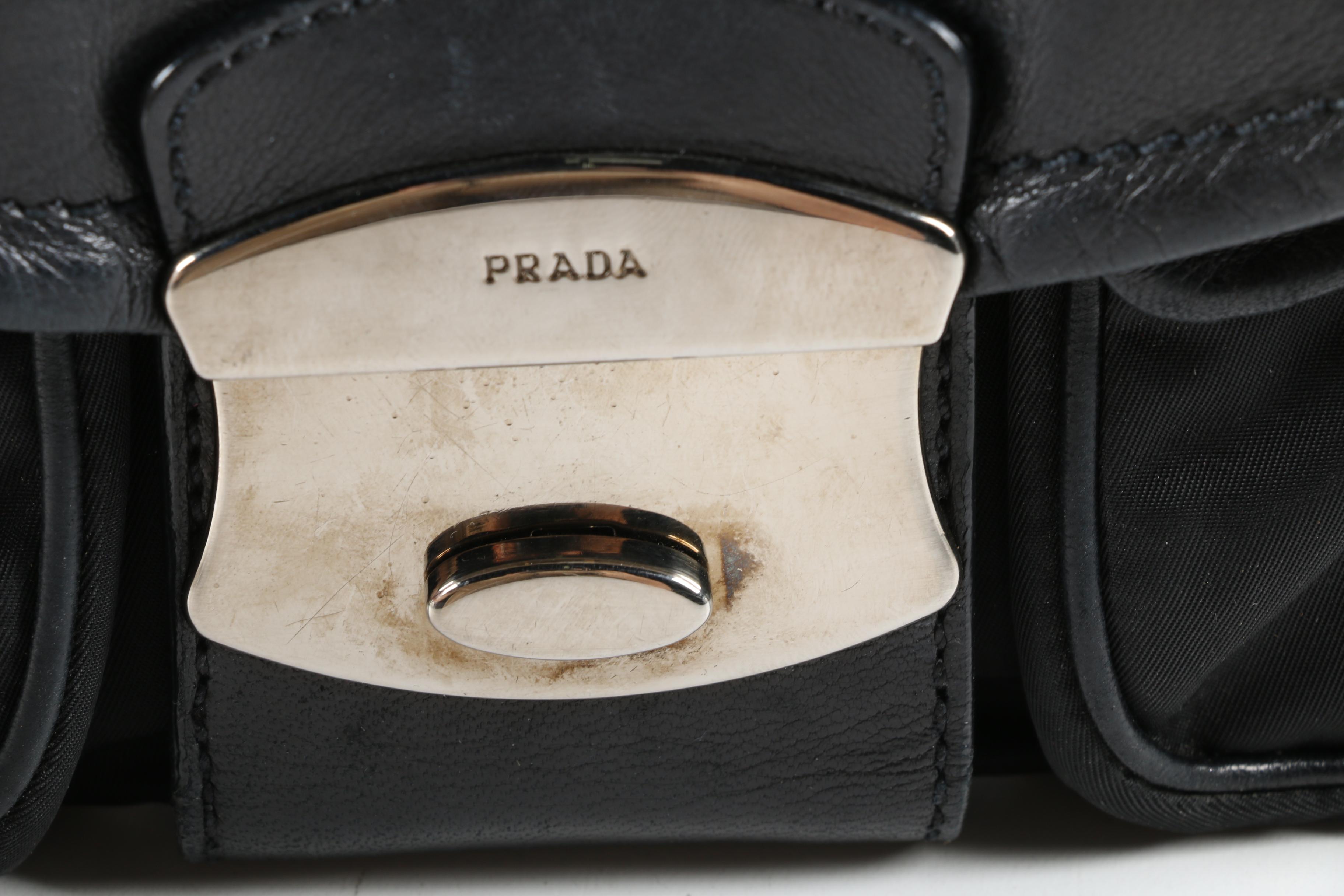 Prada Black Nylon Tessuto and Leather Double Pocket Demi Bag