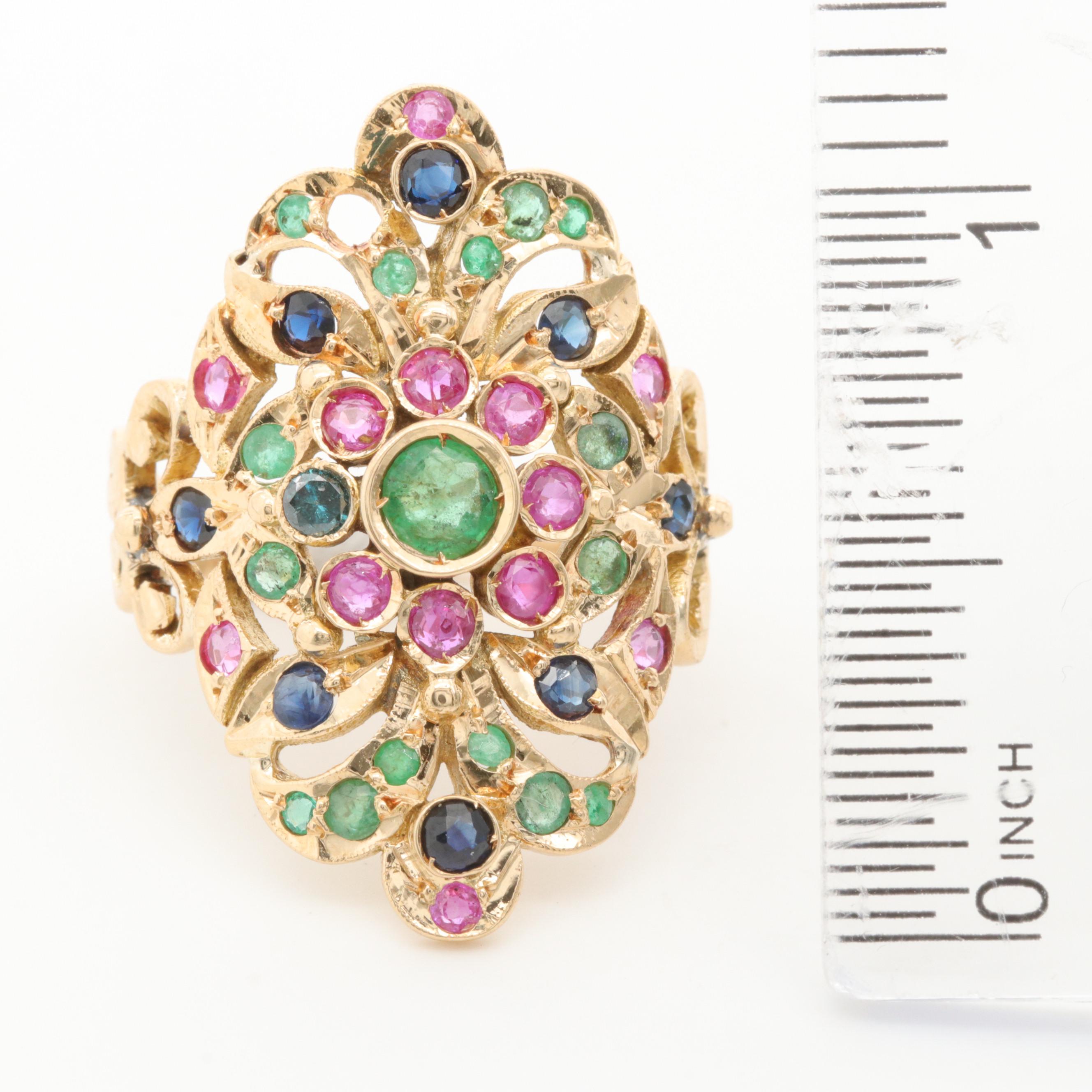 14K Yellow Gold Emerald, Ruby, Sapphire and Diamond Ring