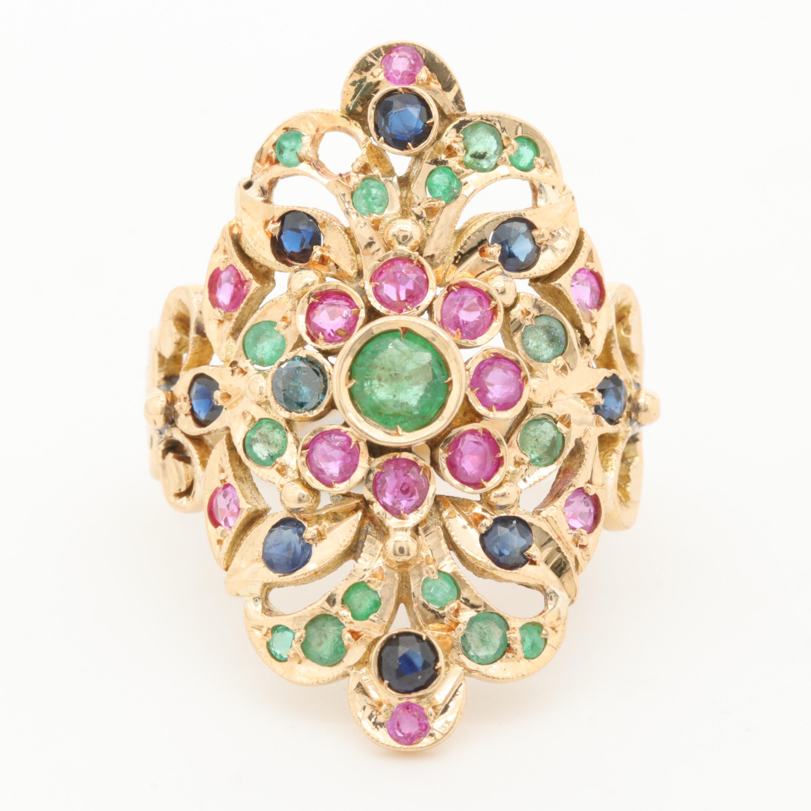14K Yellow Gold Emerald, Ruby, Sapphire and Diamond Ring