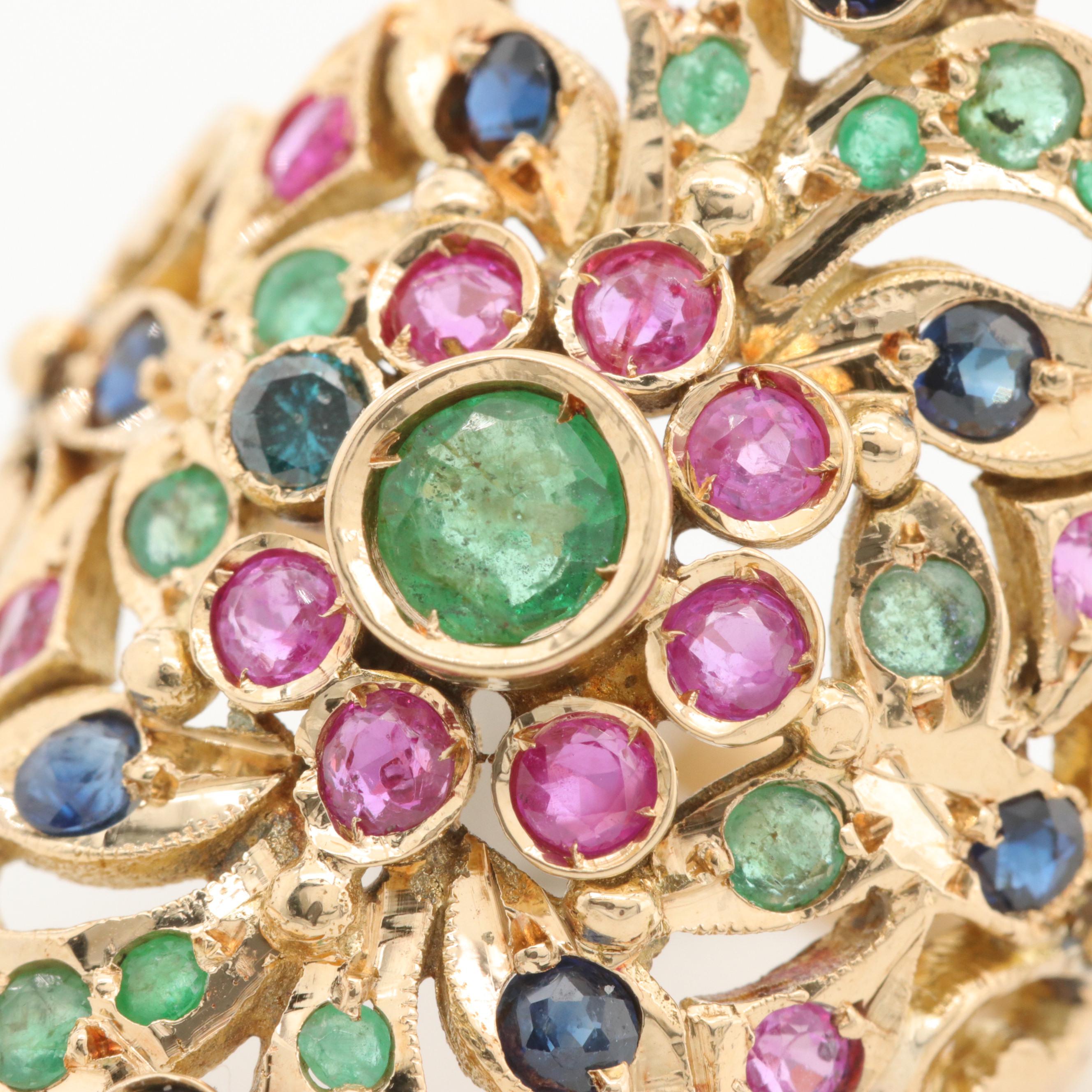 14K Yellow Gold Emerald, Ruby, Sapphire and Diamond Ring