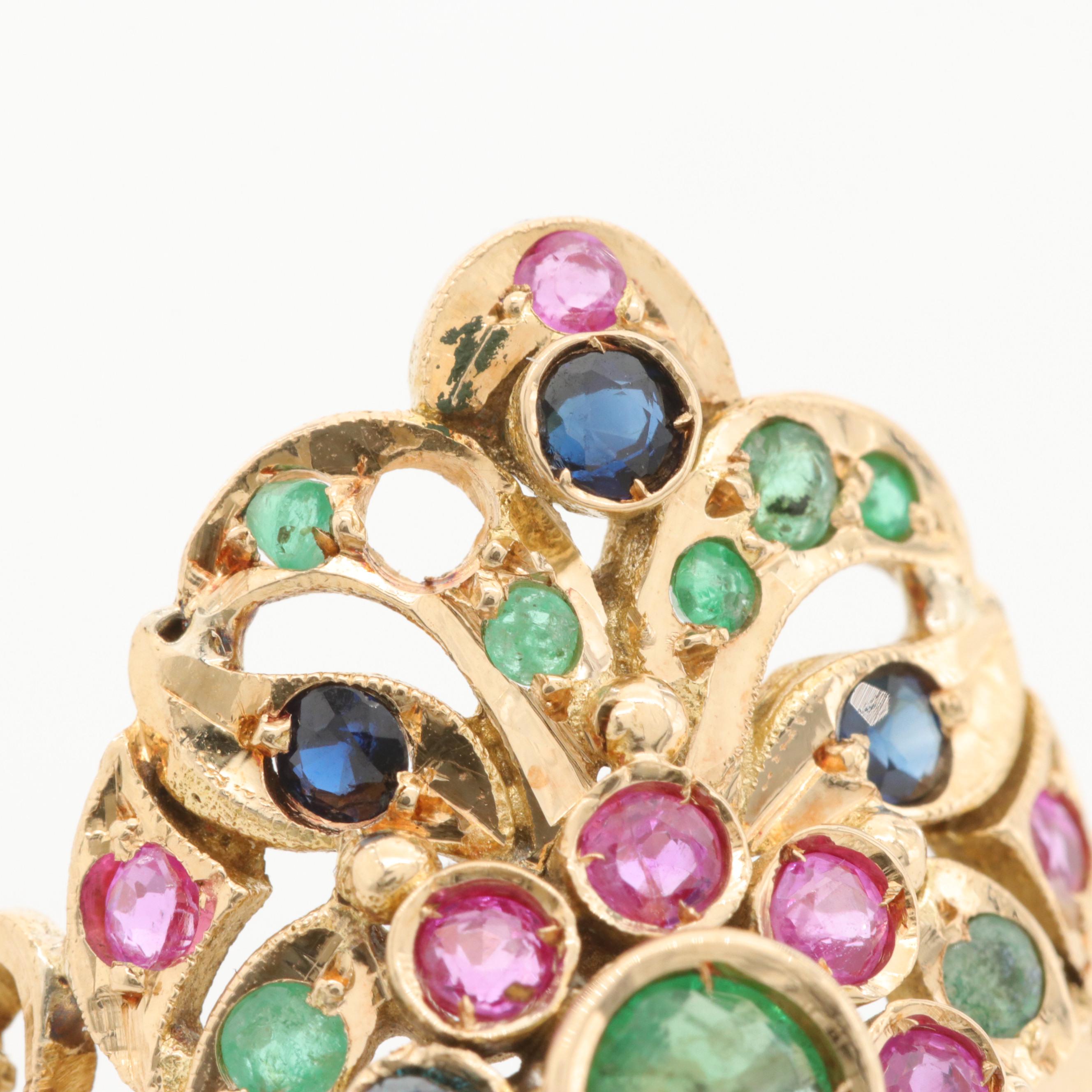 14K Yellow Gold Emerald, Ruby, Sapphire and Diamond Ring
