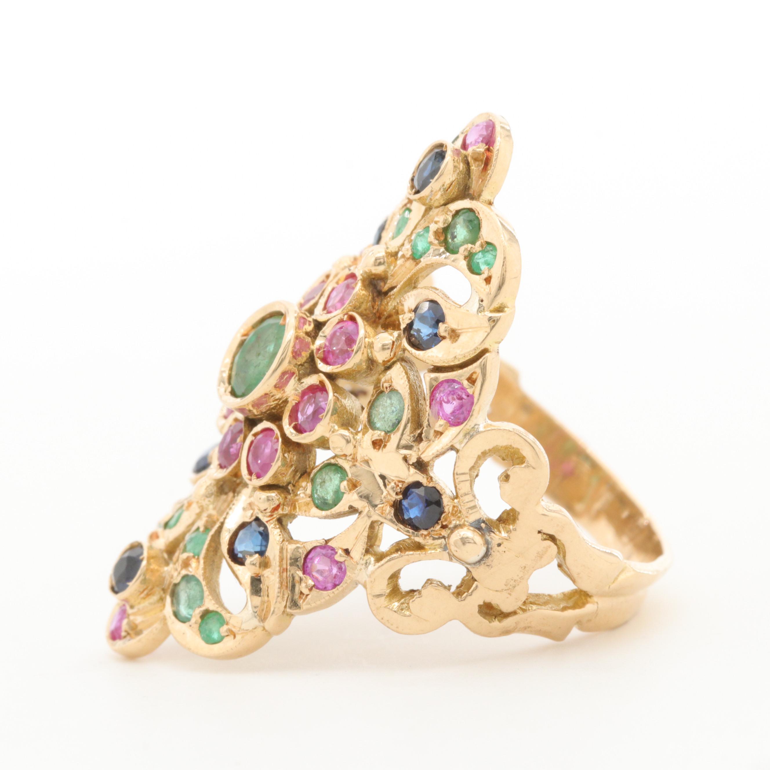 14K Yellow Gold Emerald, Ruby, Sapphire and Diamond Ring