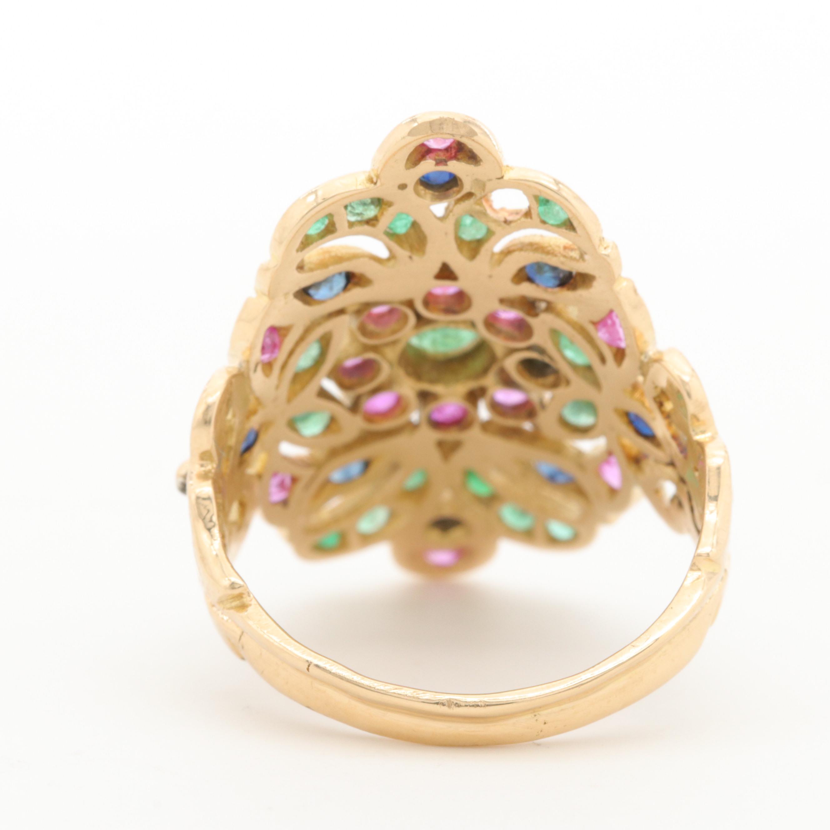 14K Yellow Gold Emerald, Ruby, Sapphire and Diamond Ring