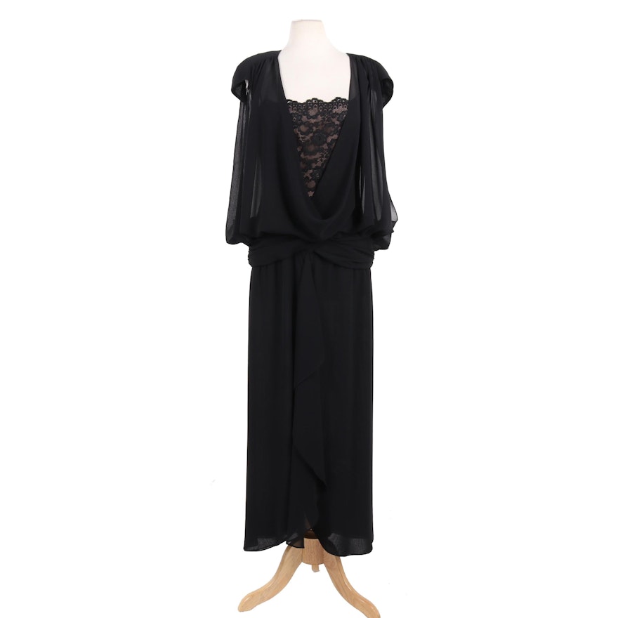 Lilli Diamond of California Edwardian Revival Black Silk and Lace Evening Dress