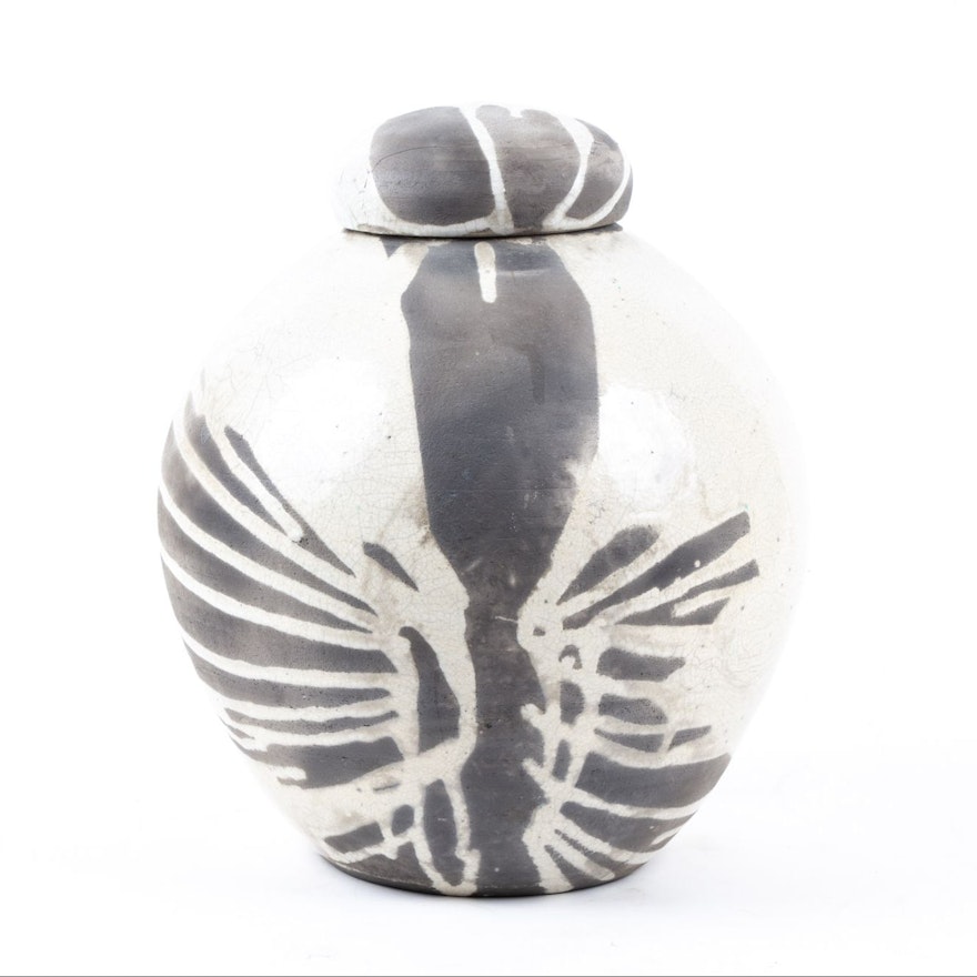 Southwestern Style Stenciled White Crackle Raku Fired Stoneware Vase