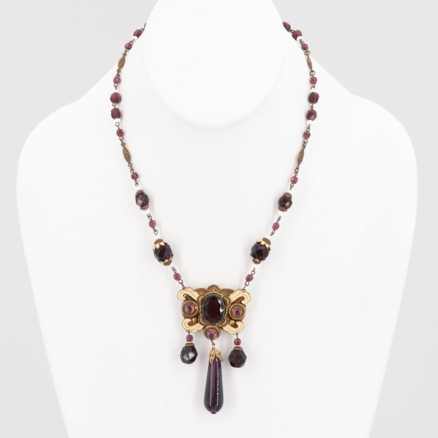 Circa 1930s Rhinestone Drop Pendant Necklace