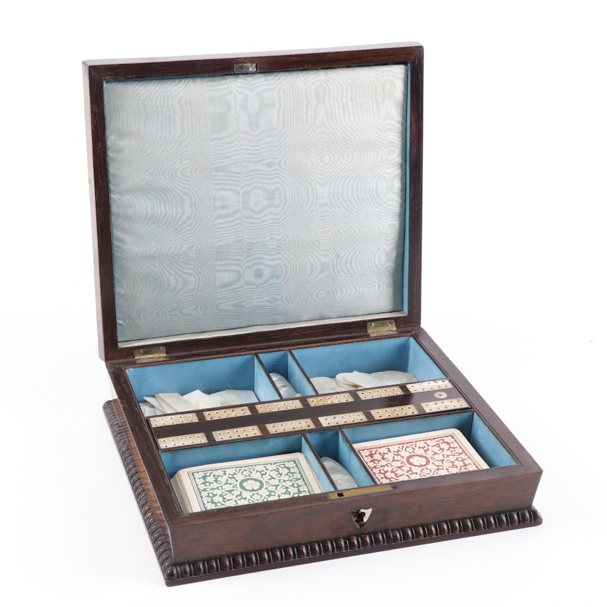 Chinese Etched Mother of Pearl Game Pieces with English Rosewood Box