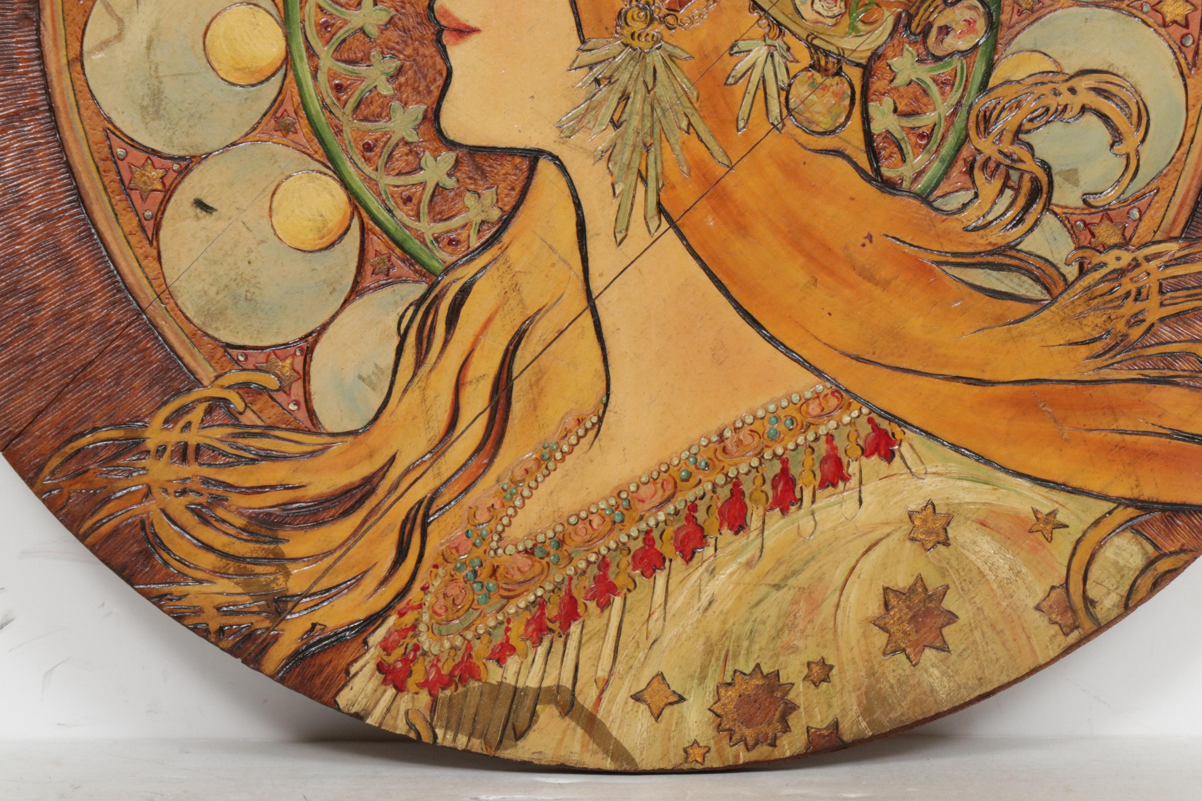 C. G. Meyer 1908 Pyrographic Oil Painting after Alphonse Mucha