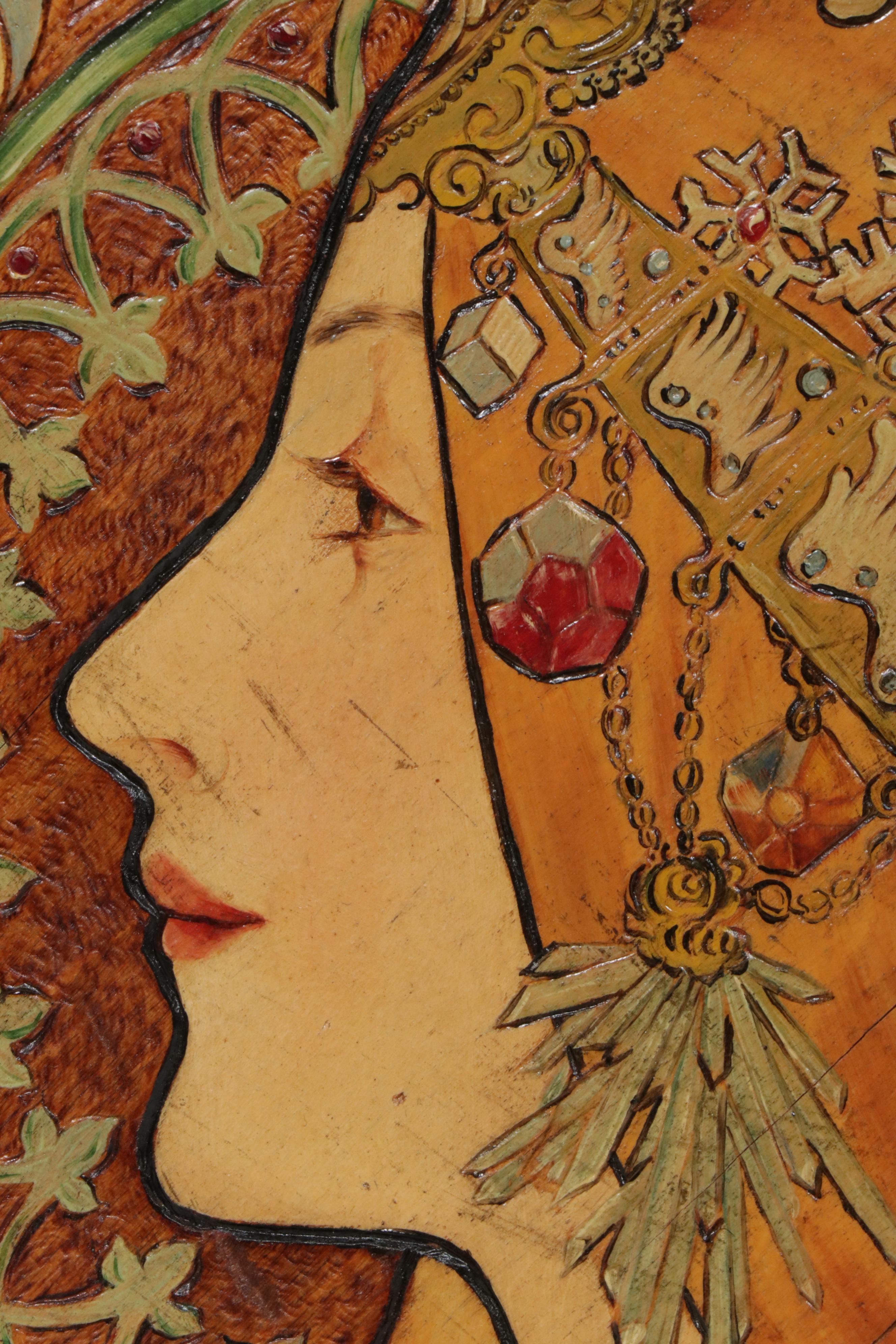 C. G. Meyer 1908 Pyrographic Oil Painting after Alphonse Mucha