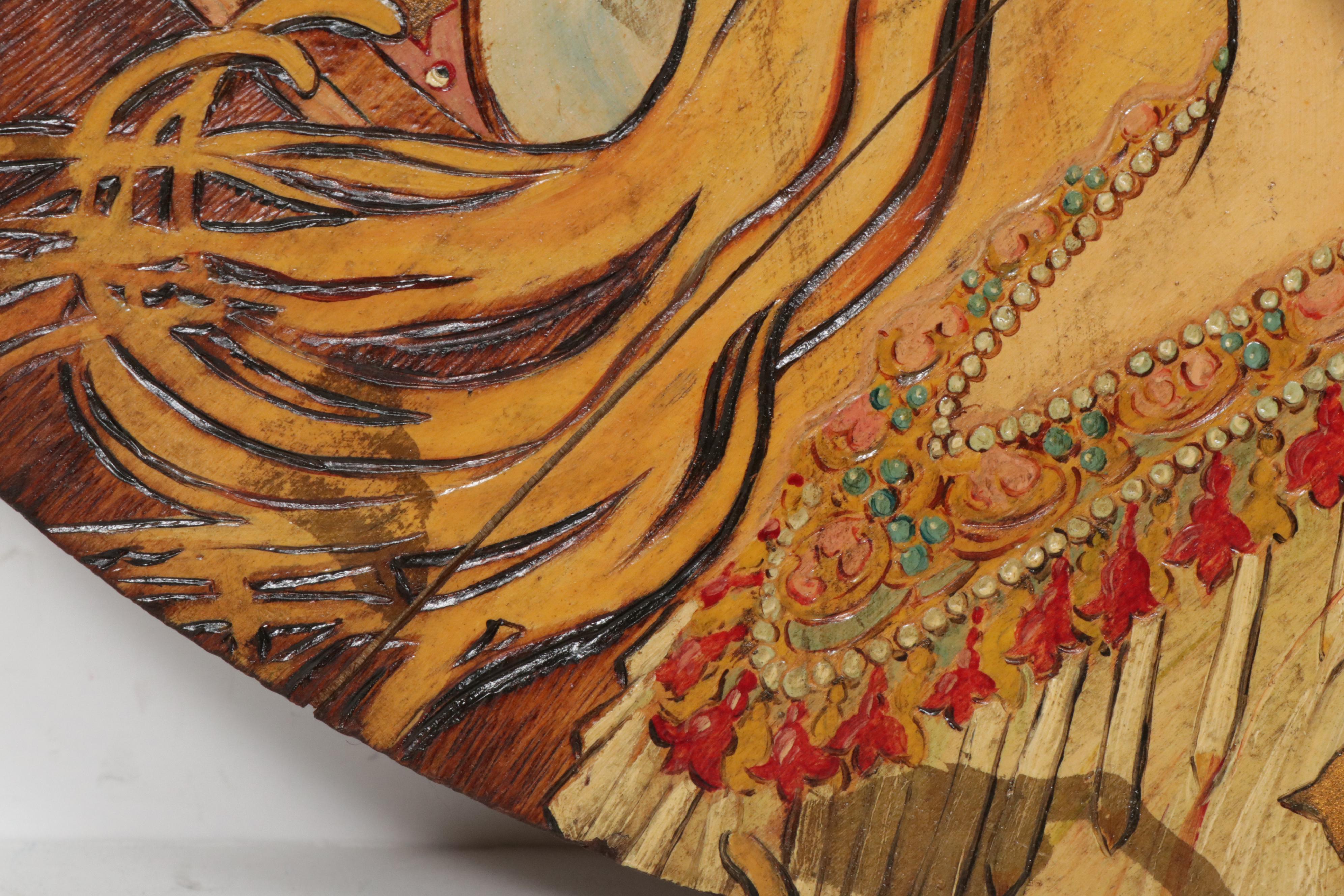 C. G. Meyer 1908 Pyrographic Oil Painting after Alphonse Mucha