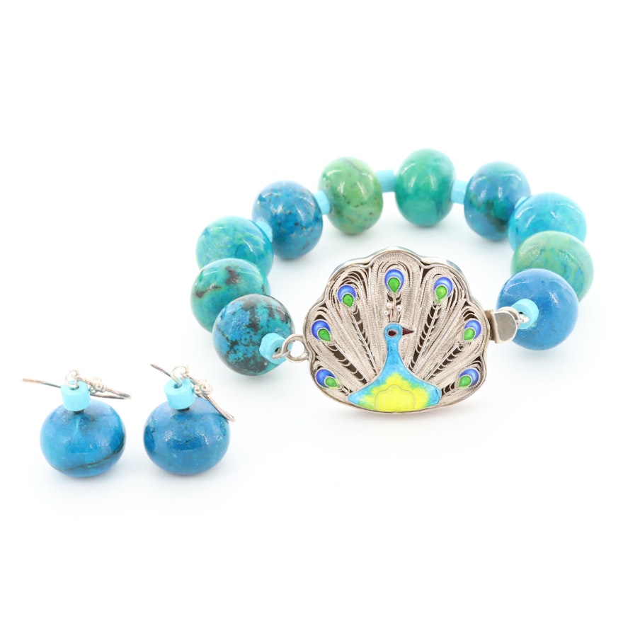 Sterling Silver Glass, Imitation Turquoise and Enamel Bracelet and Earrings