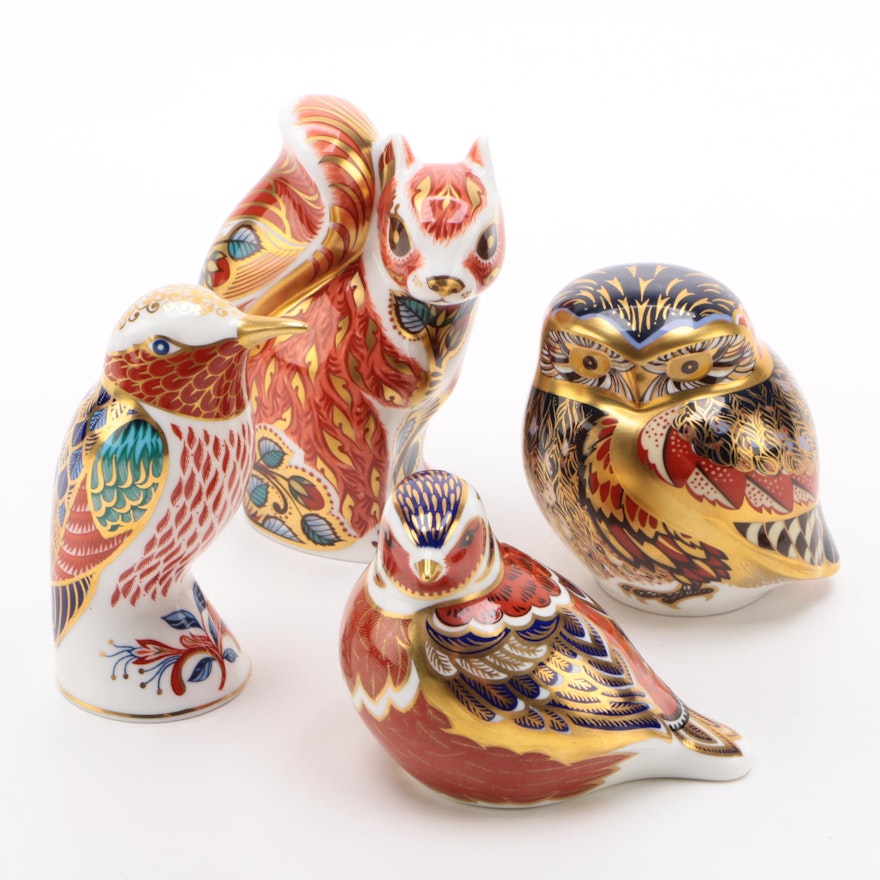 Royal Crown Derby "Woodland Squirrel" and "Little Owl" with Bird Figurines