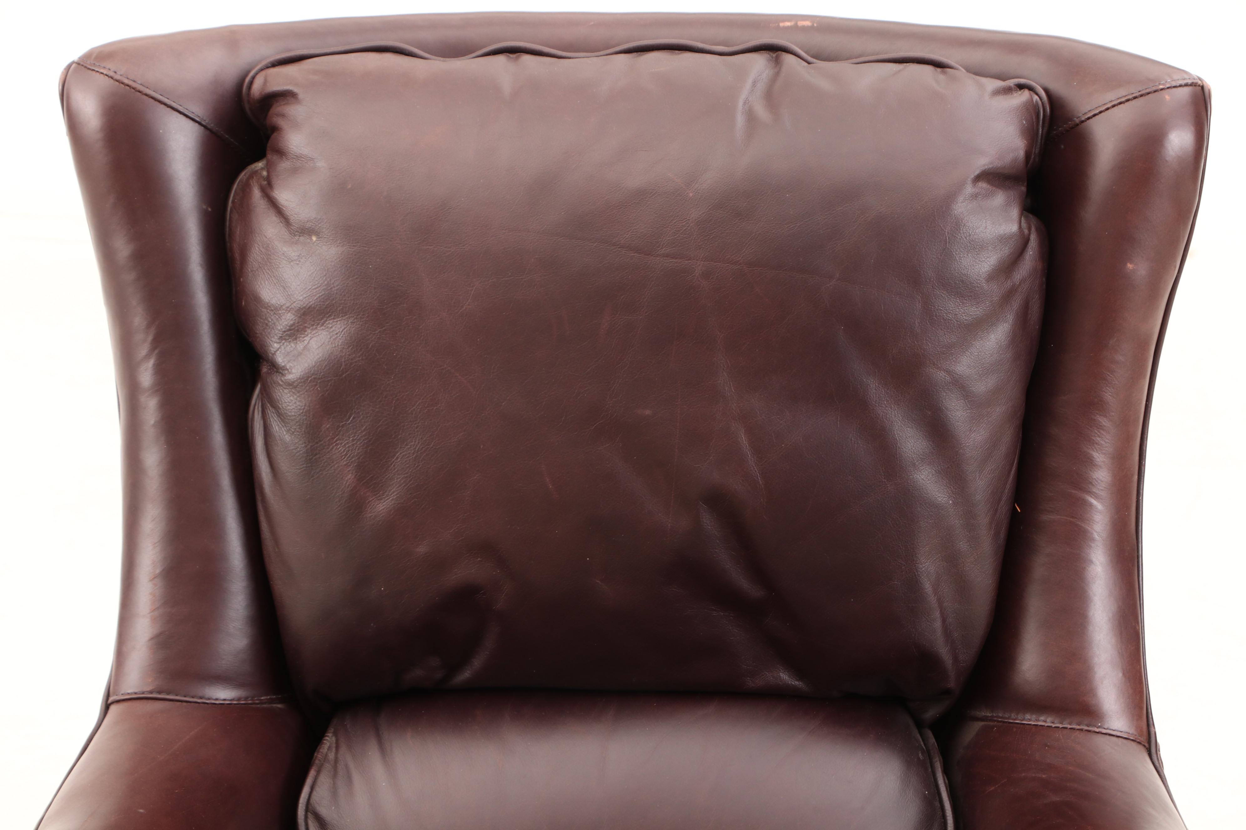 Arhaus Furniture, "Alex" Brown Leather Armchair and Ottoman