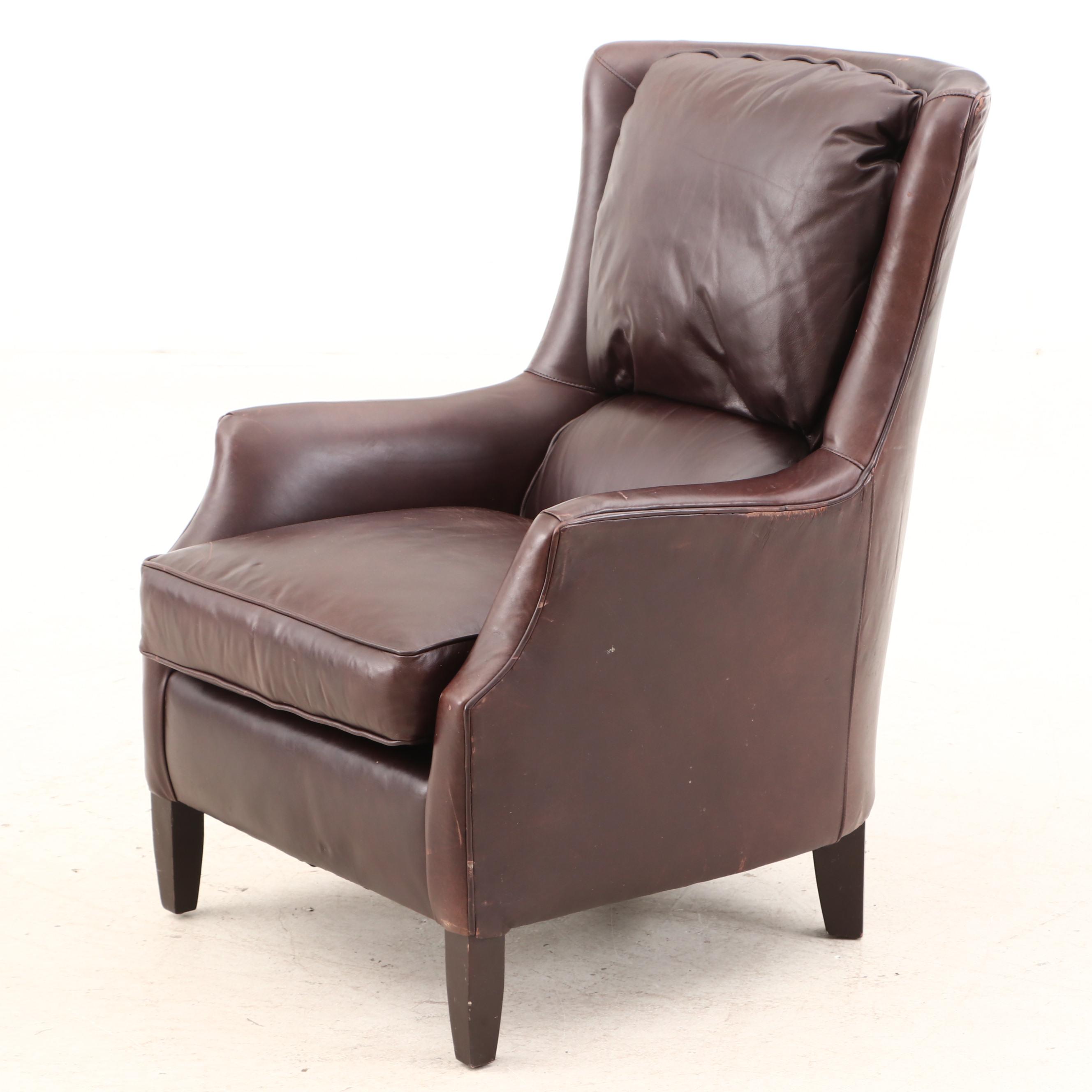 Arhaus Furniture, "Alex" Brown Leather Armchair and Ottoman