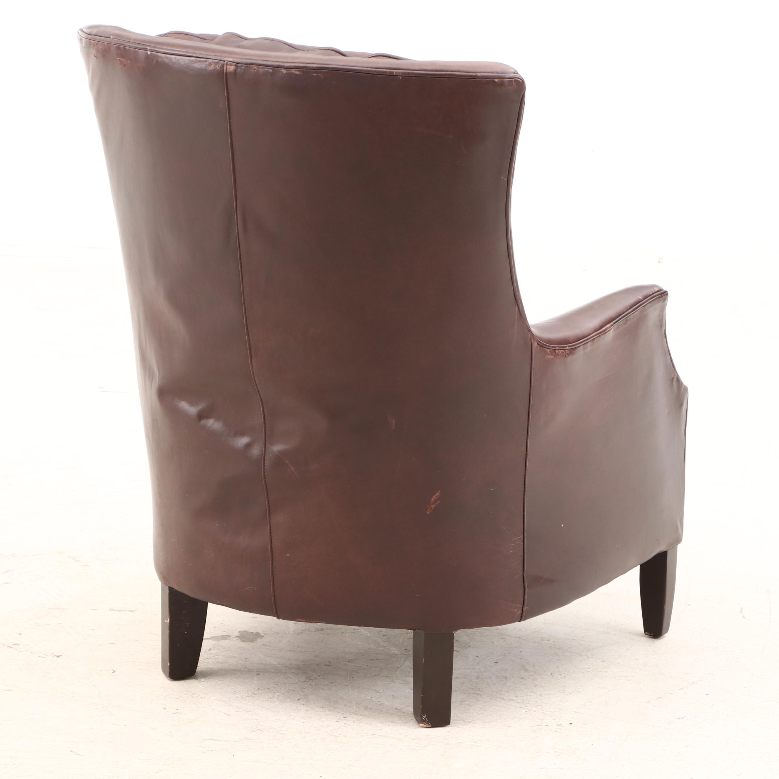 Arhaus Furniture, "Alex" Brown Leather Armchair and Ottoman