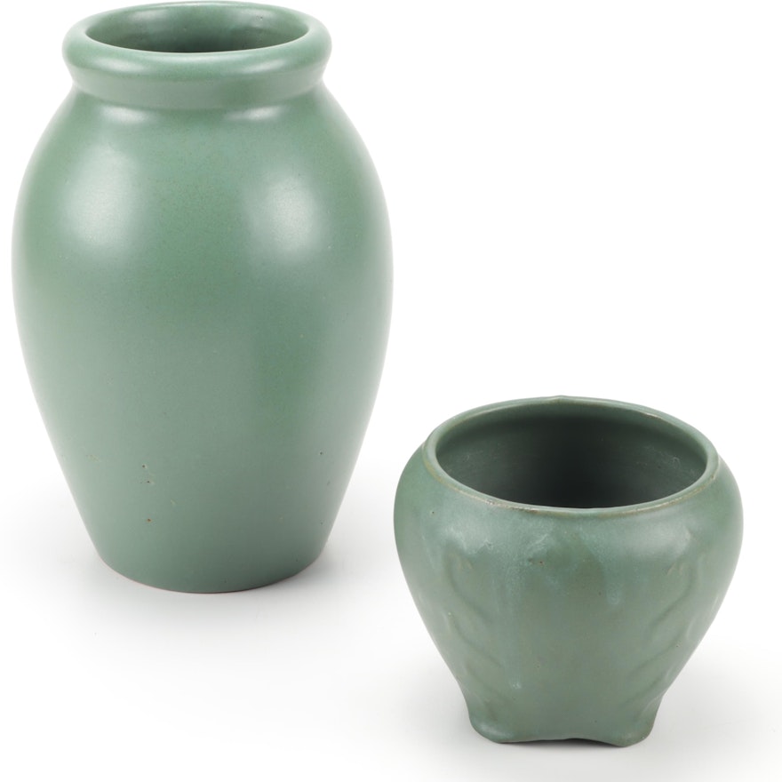 Arts and Crafts Matte Green Zanesville Stoneware Vases