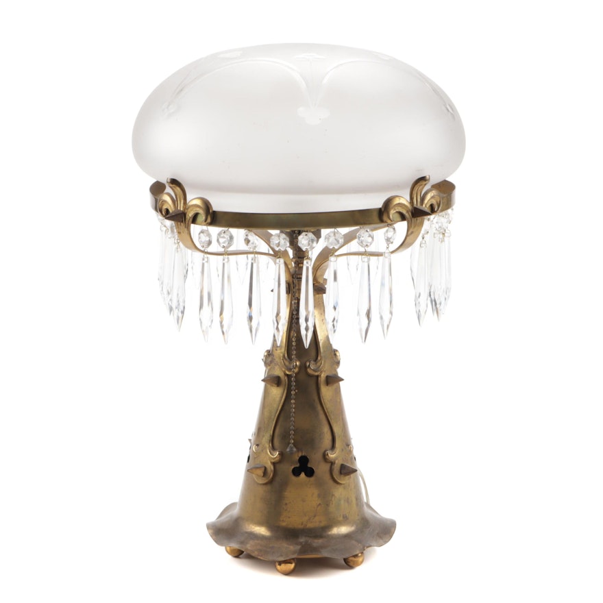 Brass Mushroom Table Lamp with Frosted Glass Shade and Prisms