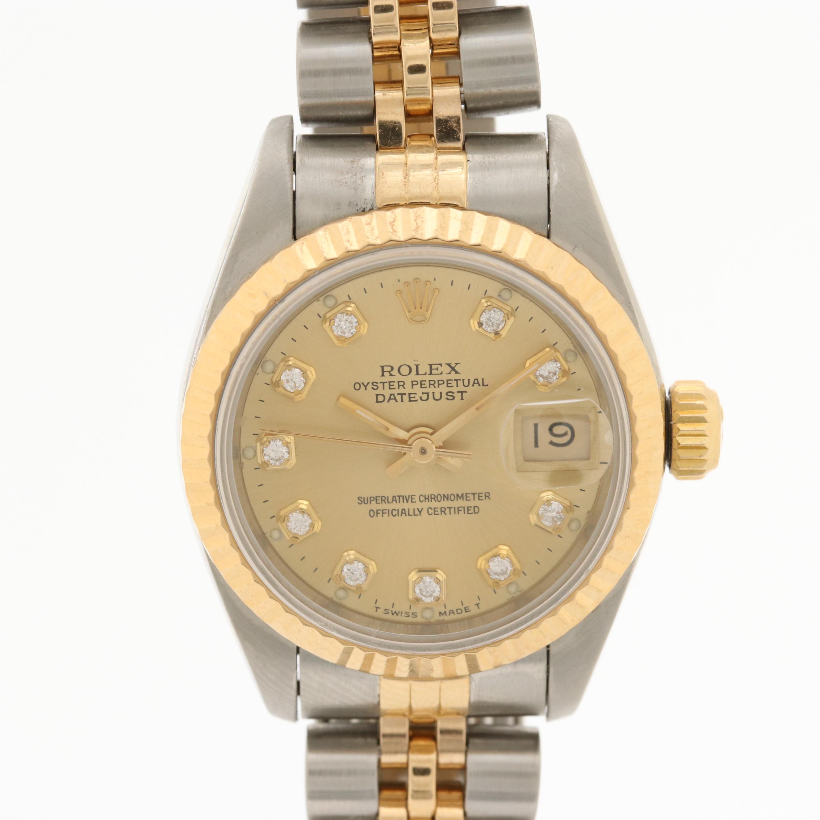 Rolex Datejust 18K Gold and Stainless Steel Watch With Diamond Dial, 1990