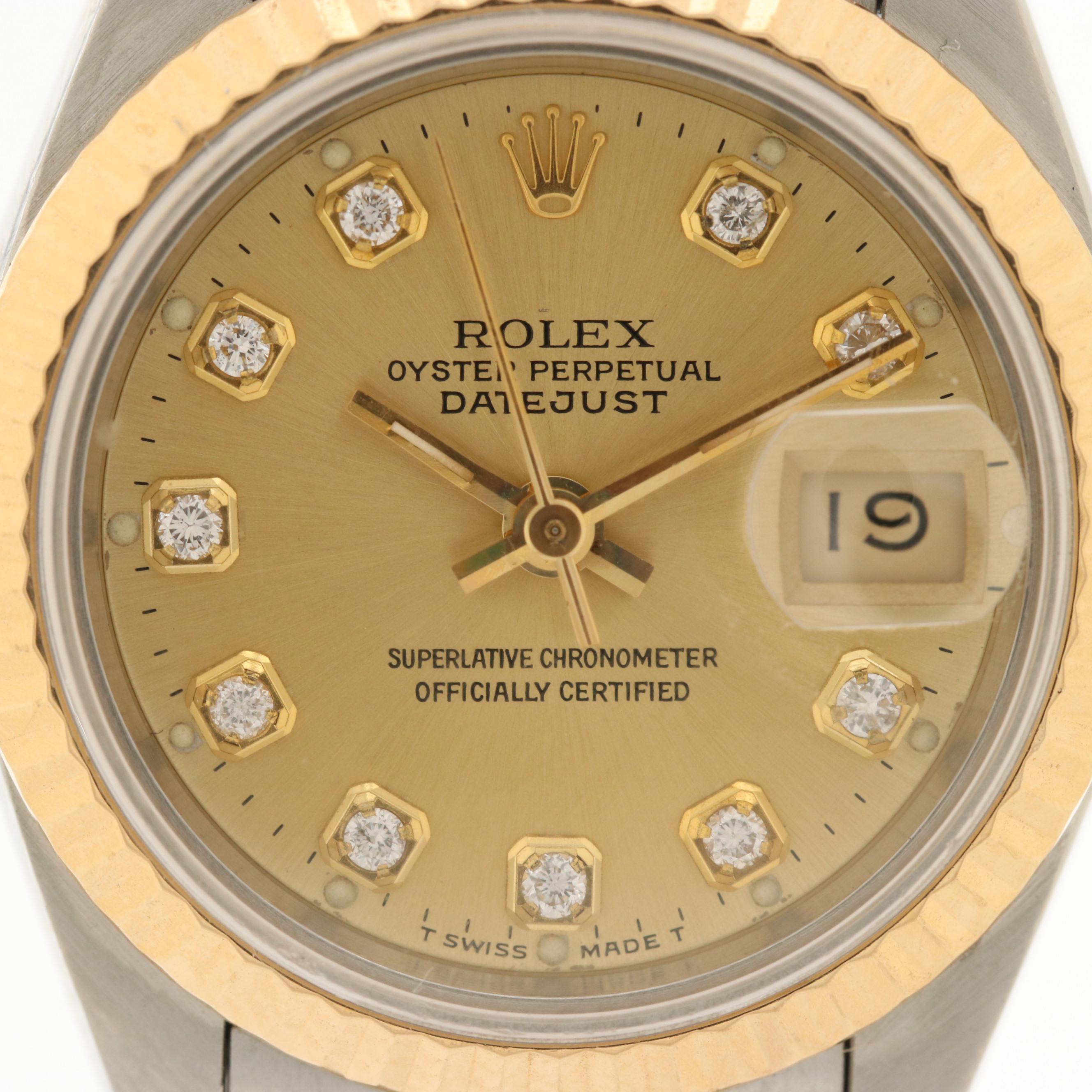 Rolex Datejust 18K Gold and Stainless Steel Watch With Diamond Dial, 1990