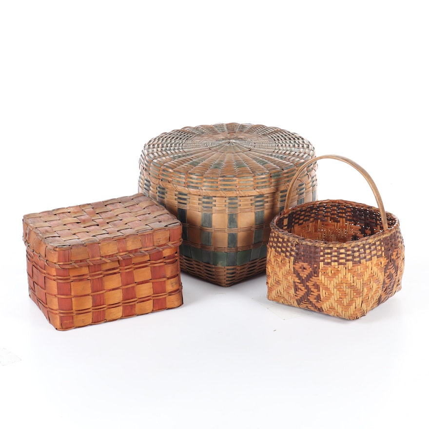 Rattan and Split Wood Woven Storage and Gathering Baskets