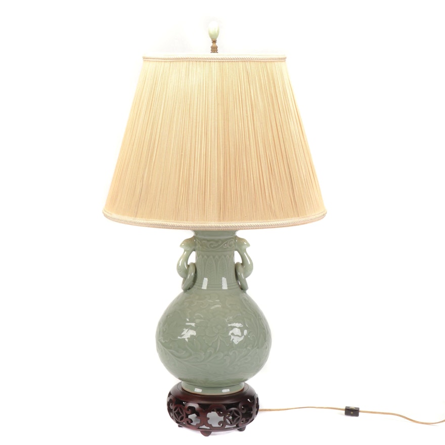 Chinese Celadon Glazed Ceramic Table Lamp with Floral Motif