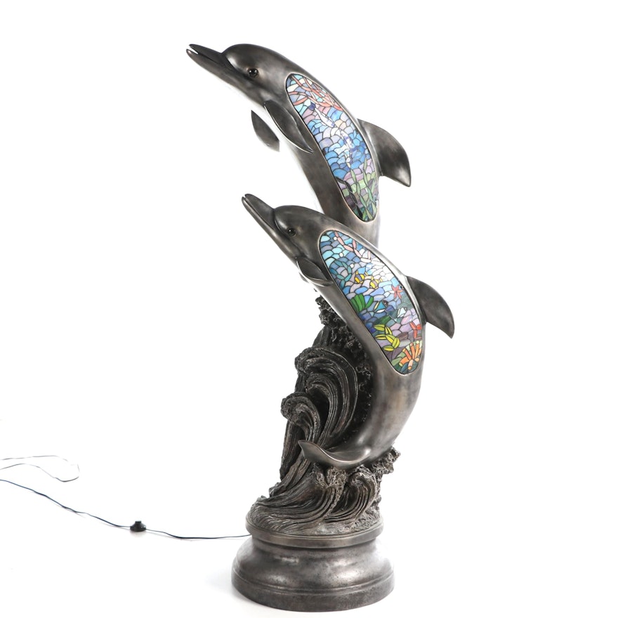 Cast Resin and Slag Glass Illuminated Dolphin Statue