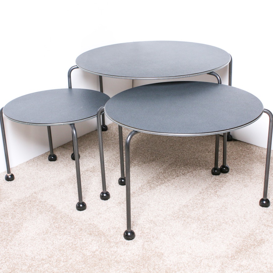 Set of Three Contemporary Metal and Laminate Top Graduated Side Tables