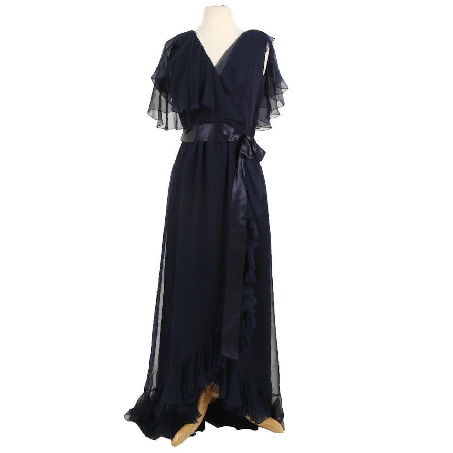 Mollie Parnis Boutique Navy Silk Chiffon Ruffled Maxi Dress, 1970s Vintage