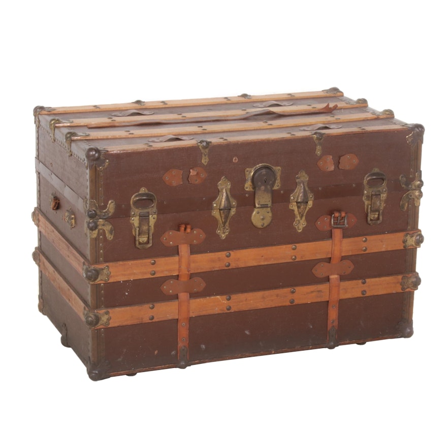 Painted Canvas, Wood and Leather Trunk, Early to Mid 20th Century