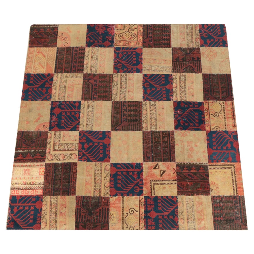 Patchwork Hand-Knotted Khotan Wool Square Area Rug