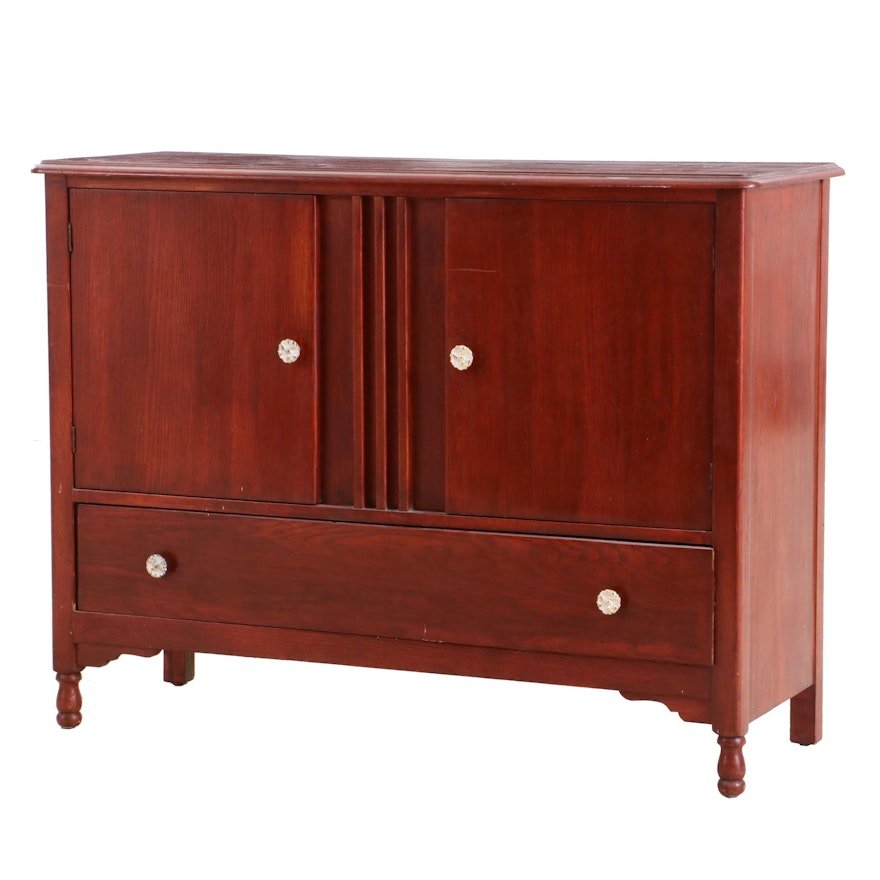 Transitional Red-Finish Oak Cabinet, Mid-20th Century