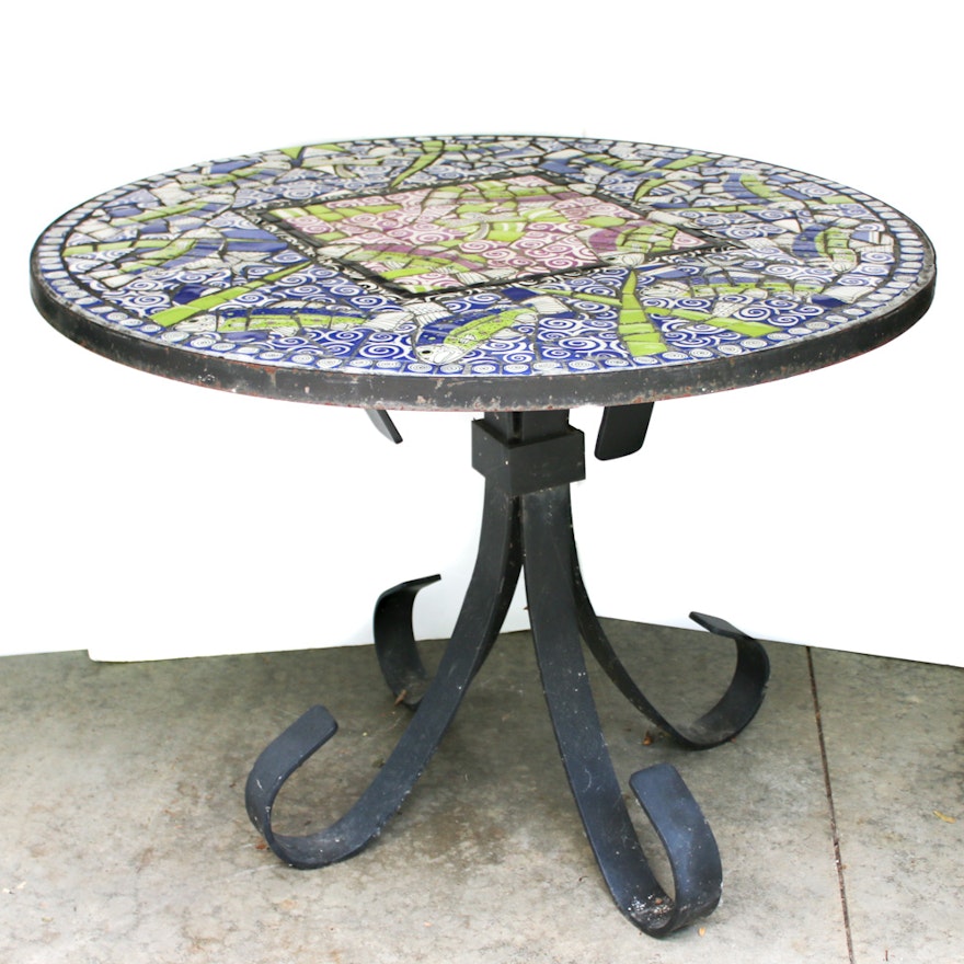 Mosaic Tile Table Top on Wrought Iron Pedestal