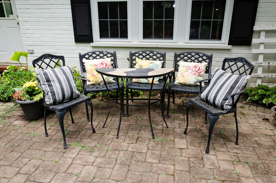 Metal Outdoor Chairs with Pillows and Demilune Stone and Metal Table