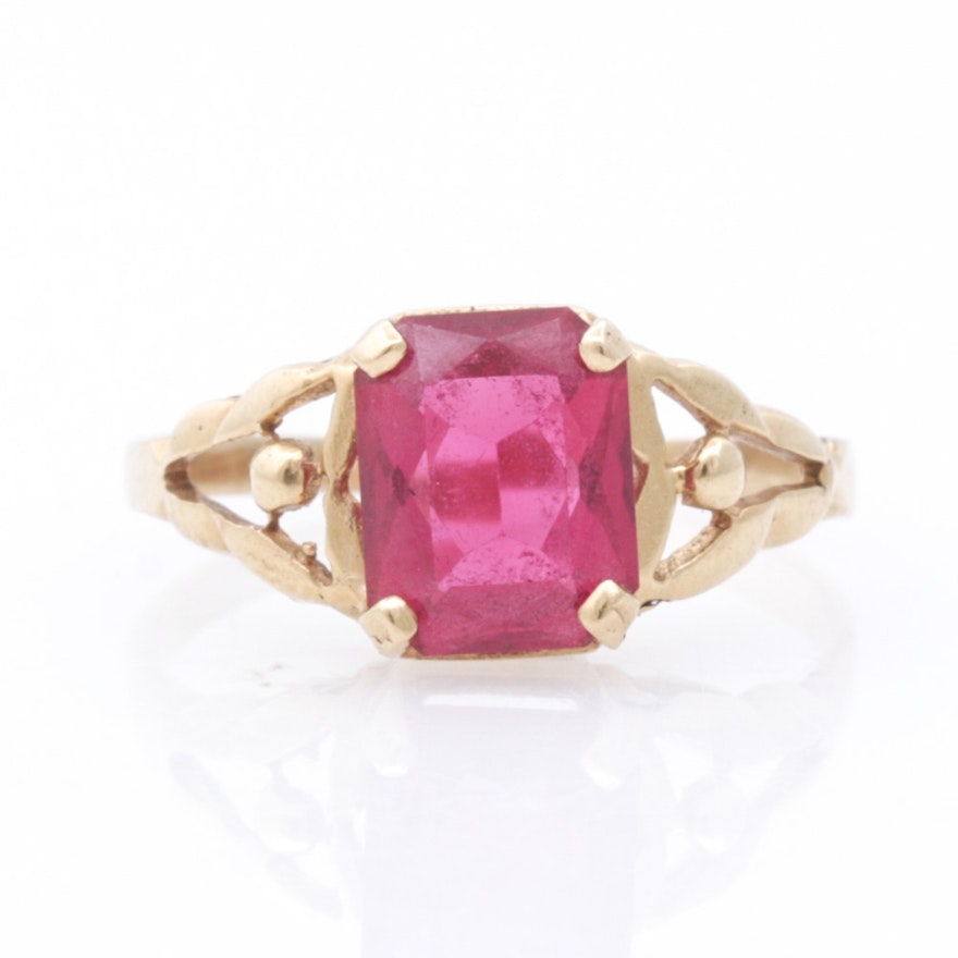 14K Yellow Gold Synthetic Ruby Ring, Vintage