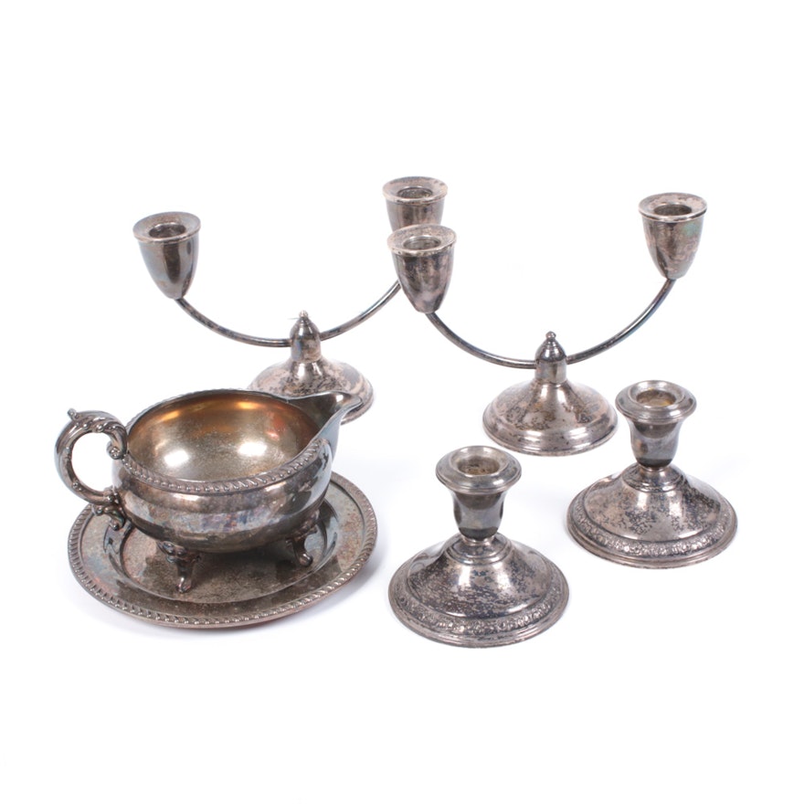Weighted Sterling Silver Candlesticks and Poole Silver Electroplate Gravy Boat