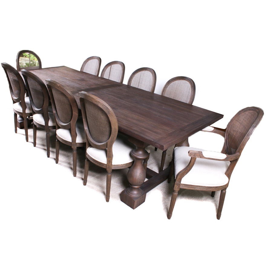Restoration Hardware "Monastery" 84" Dining Table in Brown Acacia and Chairs