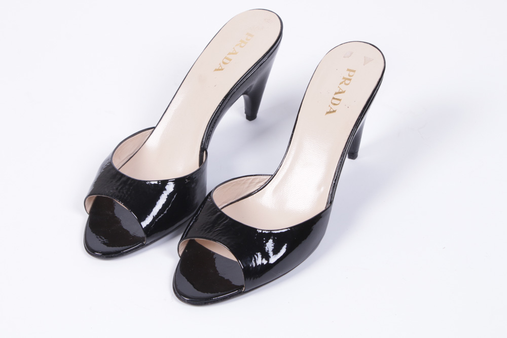 Prada Black Patent Leather Open Toe Wedge Heel Mules