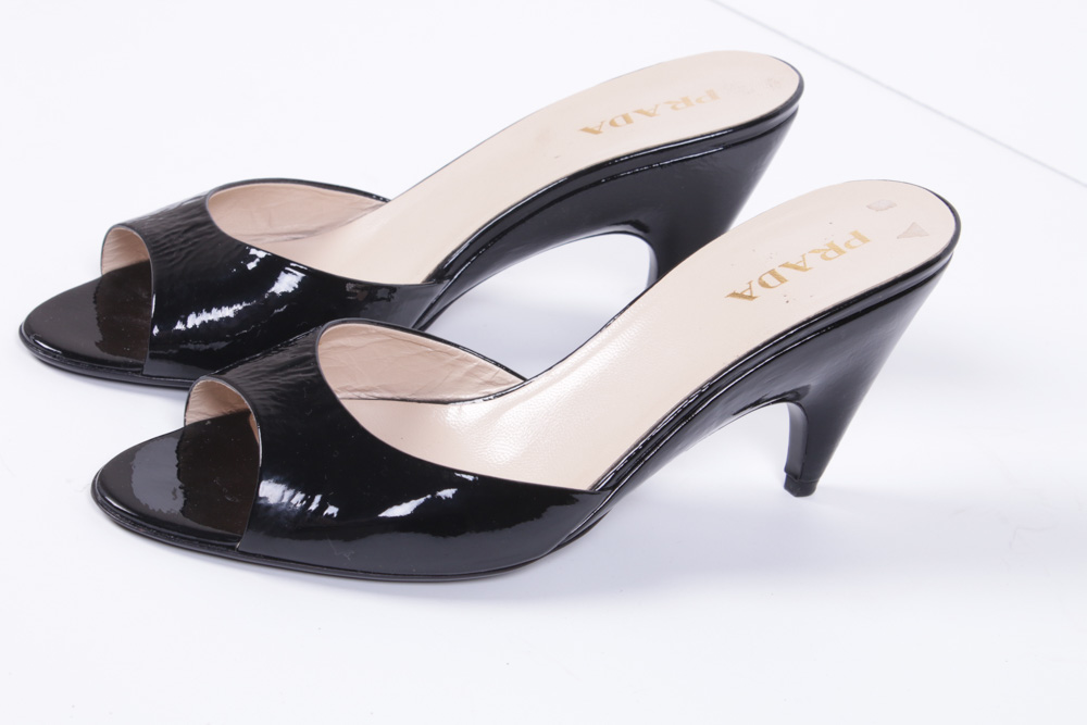 Prada Black Patent Leather Open Toe Wedge Heel Mules
