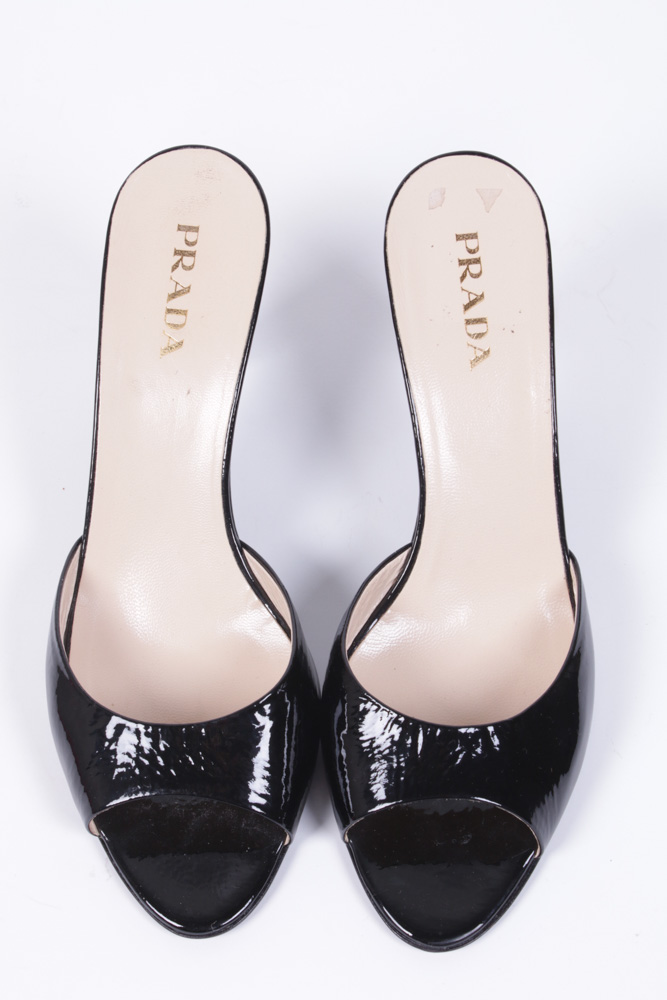 Prada Black Patent Leather Open Toe Wedge Heel Mules