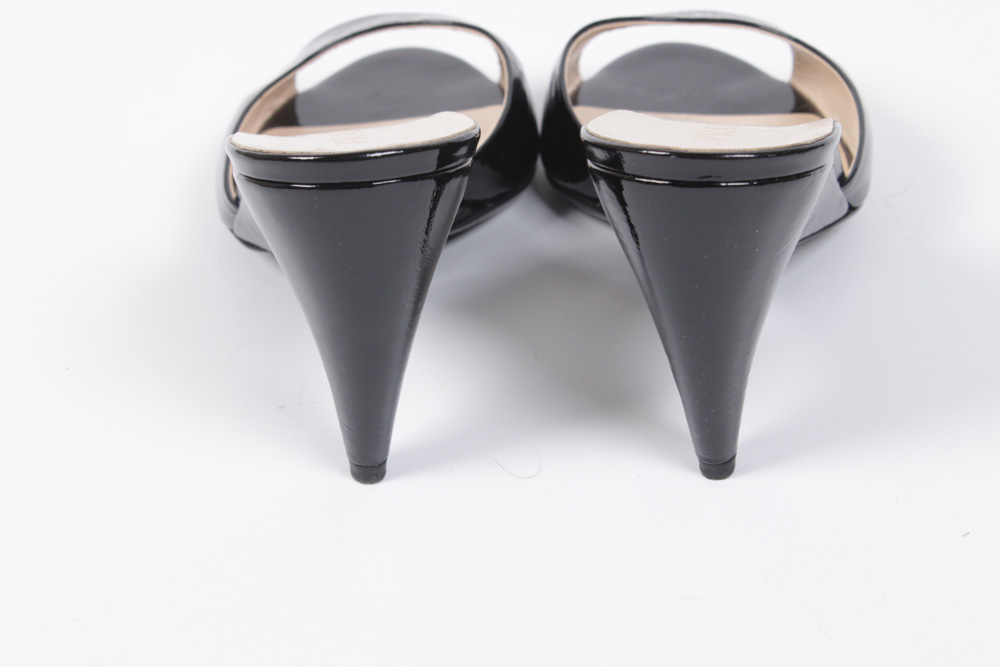 Prada Black Patent Leather Open Toe Wedge Heel Mules