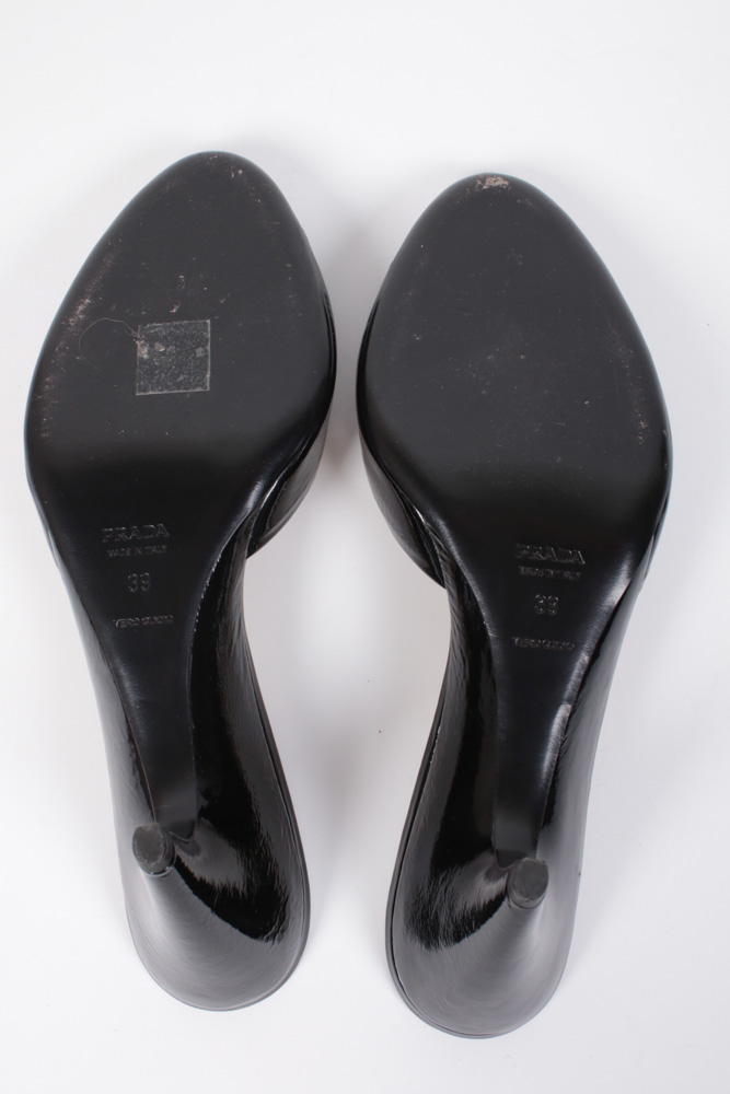 Prada Black Patent Leather Open Toe Wedge Heel Mules